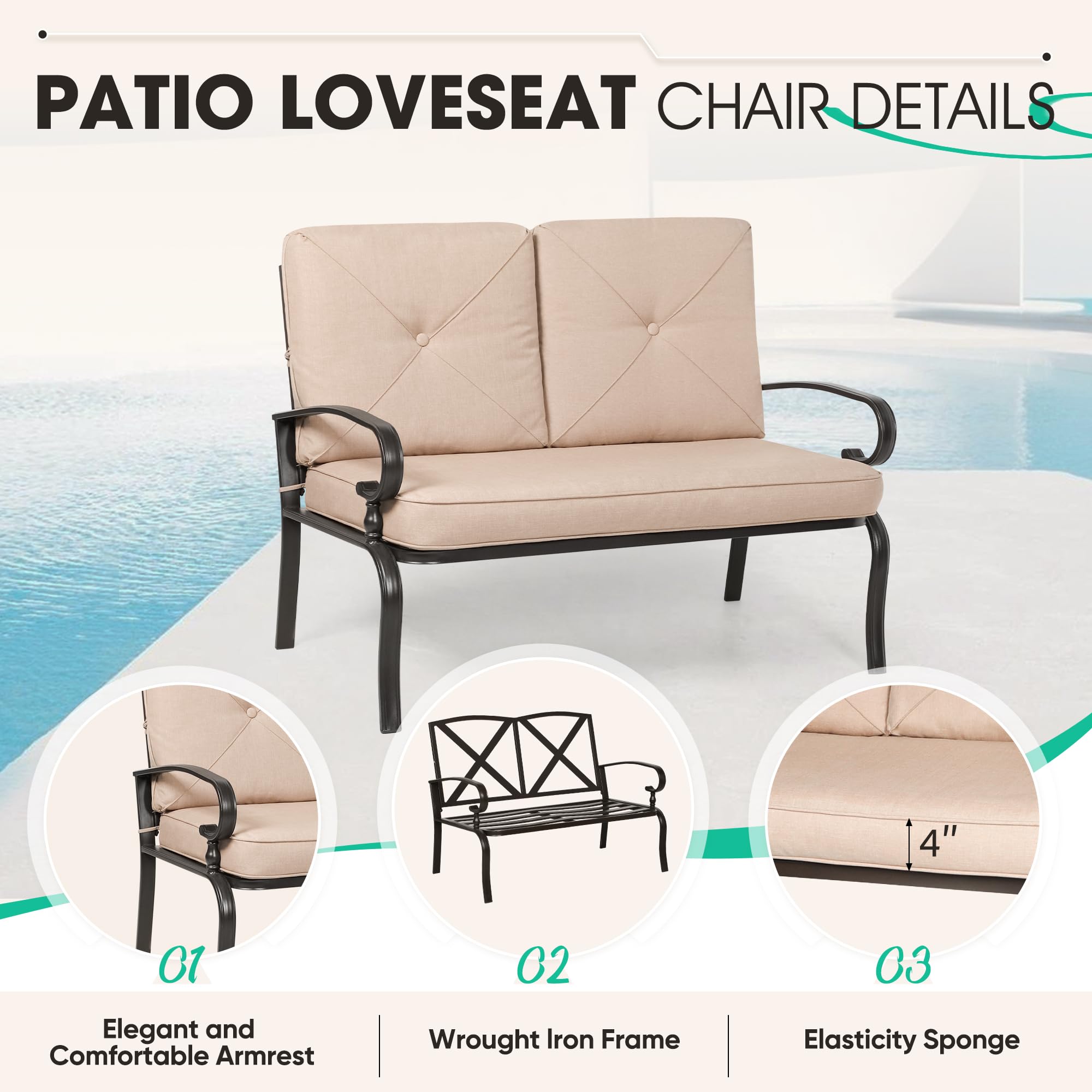 Incbruce 2-Piece Outdoor Patio Loveseat Set with Coffee Table & Cushion - Wrought Iron Metal Frame Garden Bench for Porch, Poolside, Backyard - Weather-Resistant Brown Patio Furniture (Perfect for Relaxing, Entertaining Guests & Outdoor Dining)