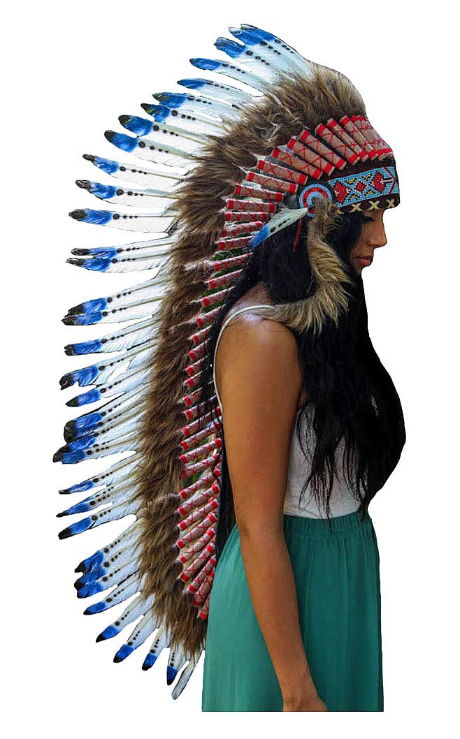 OMA Indian Inspired Headdress - Native American Style Feather Headdress Warrior Bonnet for Adults - XL Size for Festivals, Cosplay, Halloween & Cultural Events