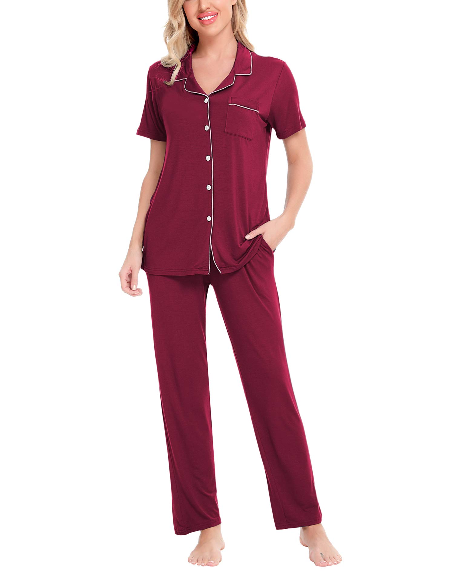 SWOMOG Women's 2-Piece Pajama Set - Soft Short Sleeve Button Down Sleepwear with Comfortable Long Pants for Nightwear, Lounge & Relaxation at Home