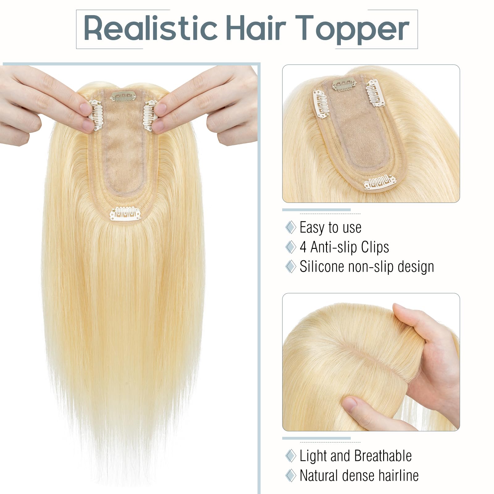 100% Remy Human Hair Topper for Women - 14 Inch Bleach Blonde Silk Base Hairpiece with Thinning Clip | Natural Looking Hair Replacement for Thinning Hair | Perfect for Daily Wear, Special Occasions & Styling