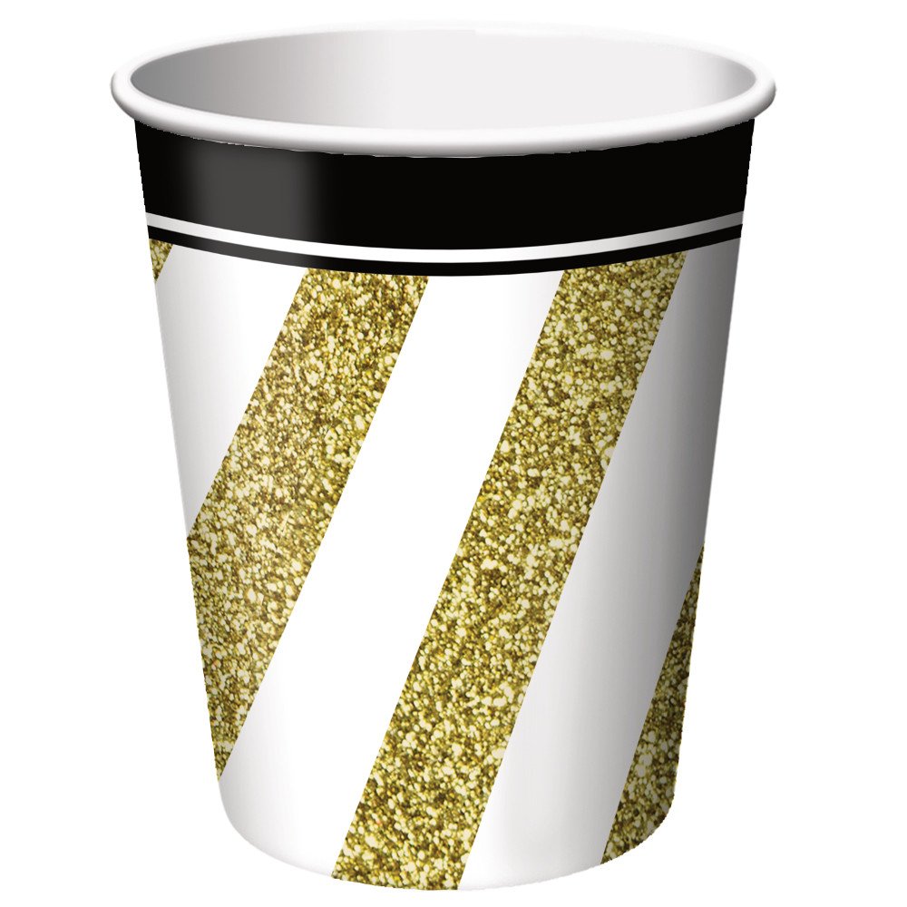 96-Pack Gold and Black Striped Disposable Paper Cups for Parties, Weddings, Birthdays & Events - Elegant Drinking Cups for Cocktails, Beer, Soda & Beverages
