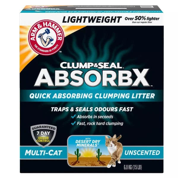 Arm & Hammer Clump & Seal AbsorbX Multi Cat Clumping Unscented Cat Litter, 6.8kg (15 lbs) - Odor Control & Low Dust for Multiple Cats - Perfect for Large Litter Boxes & Homes with Pets