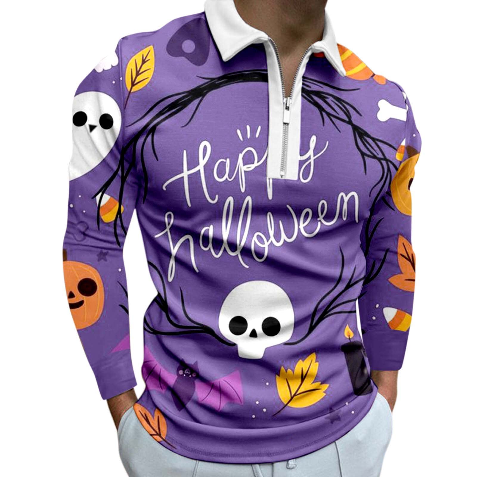 RTPR Men's Casual Halloween Print Zip-Up Long Sleeve Shirt with Turn Down Collar | Stylish Party & Cosplay Top for Halloween, Theme Parties and Daily Wear