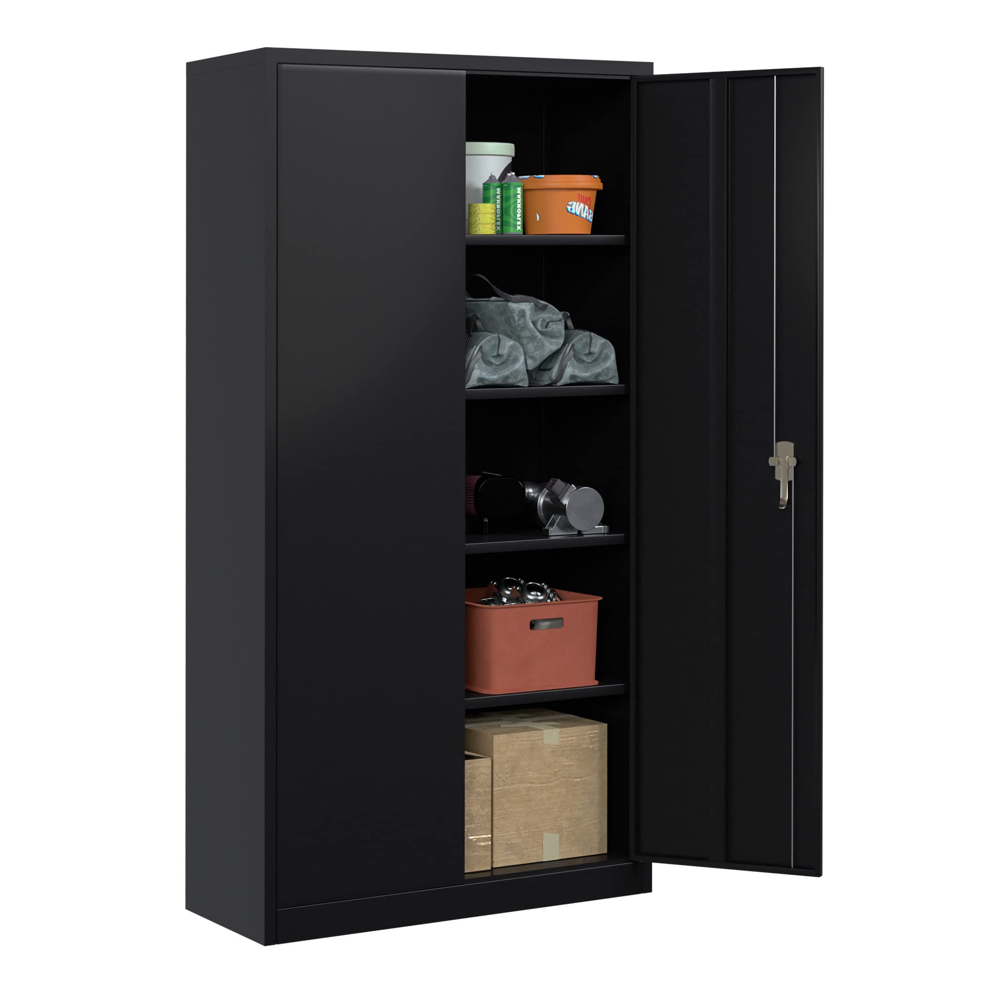 METAN 72 Inch Metal Storage Cabinet with 2 Doors & 4 Adjustable Shelves - Lockable Steel Cabinet for Office, Home, Garage Organization - Heavy Duty Black Storage Unit (Assembly Required) - Perfect for Storing Tools, Files, and Household Supplies