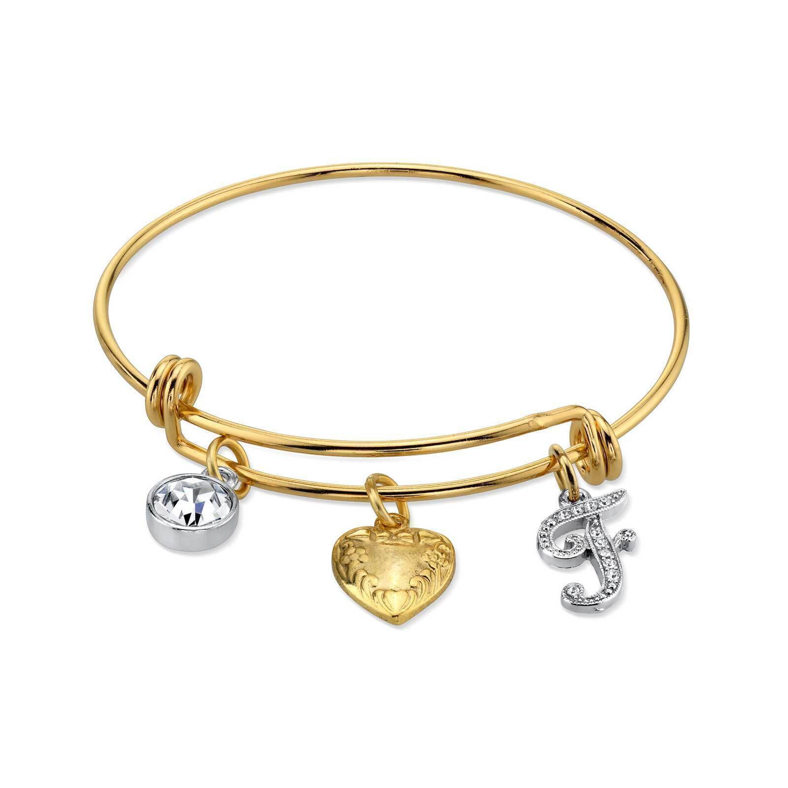1928 Gold Heart Initial Crystal Charm Bangle Bracelet for Women - Personalized Name Jewelry Gift for Her - Perfect for Valentine's Day, Anniversary & Special Occasions