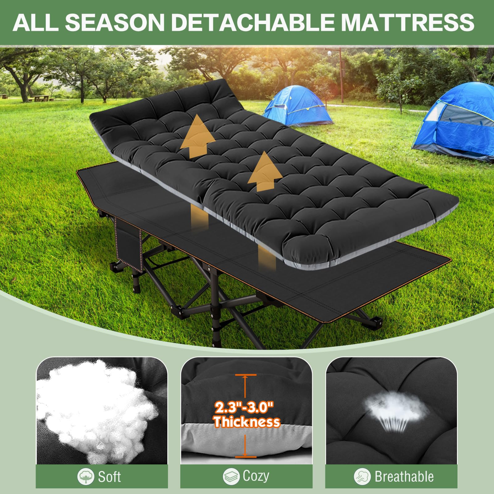 Extra Large XXL Folding Camping Cot for Adults - Heavy Duty Portable Sleeping Cot with Carry Bag, Double Layer Oxford Fabric - Perfect for Home, Office, Outdoor Travel, Beach & Vacation Camping