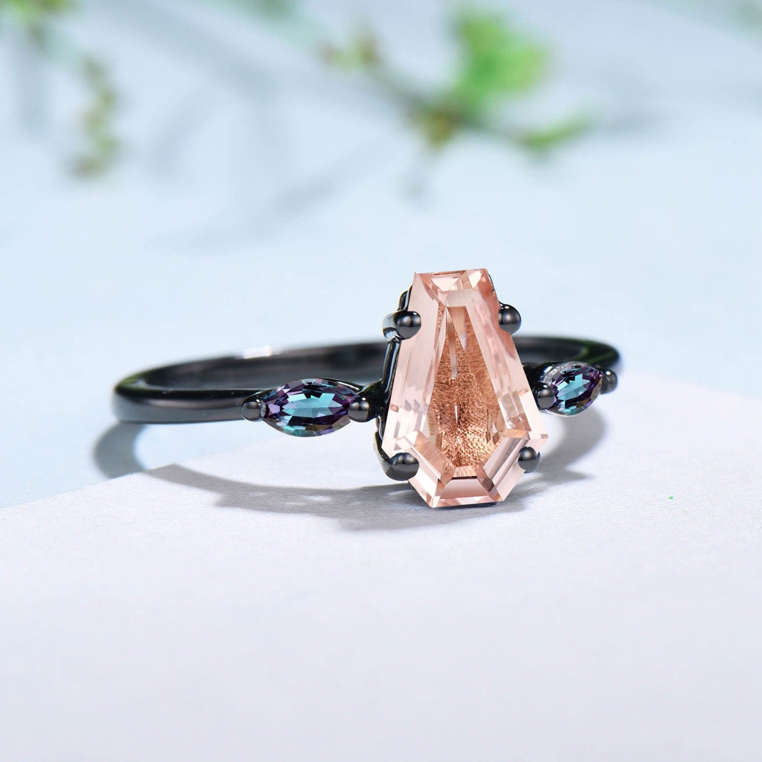 Minimalist Black Gold Coffin Shaped Natural Morganite Ring with Marquise Alexandrite - Handmade 3 Stone Engagement Ring for Women - Perfect Proposal Gift for Anniversary, Wedding & Special Occasions