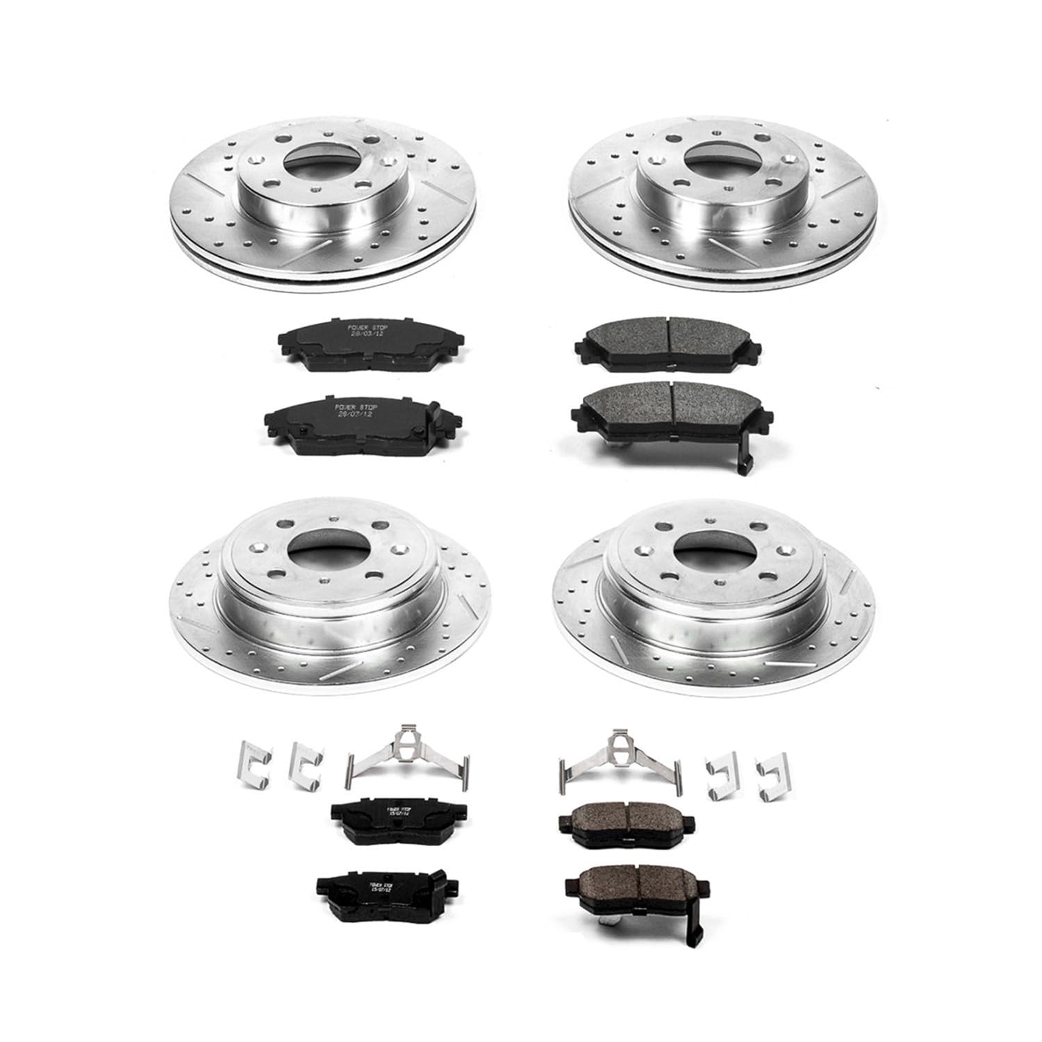 Power Stop K403 Front & Rear Z23 Carbon Fiber Brake Pads with Drilled & Slotted Brake Rotors Kit - Compatible with 1990-1991 Honda CRX | High-Performance Braking System for Street & Track Use