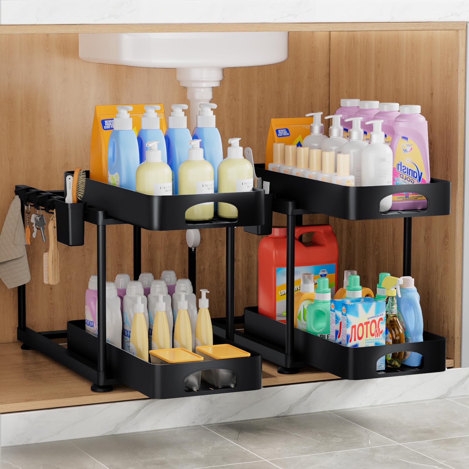 2 Pack Under Sink Organizers - Double Sliding 2 Tier Bathroom Cabinet Storage with 2 Hanging Cups & 8 Hooks | Space Saving Solution for Bathroom, Kitchen, Laundry Room | Black Under Sink Storage Rack for Toiletries, Cleaning Supplies & More