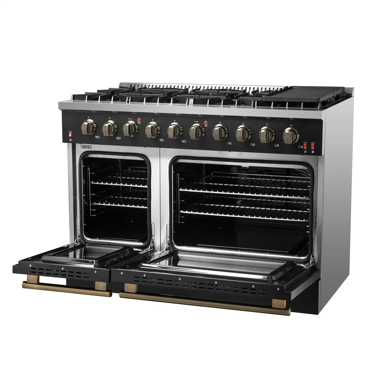 Forno Galiano 48-Inch French Door Freestanding All Gas Range - Black with Antique Brass Trim (Model FFSGS6444 48BLK) | Professional Kitchen Appliance for Home Chefs & Gourmet Cooking