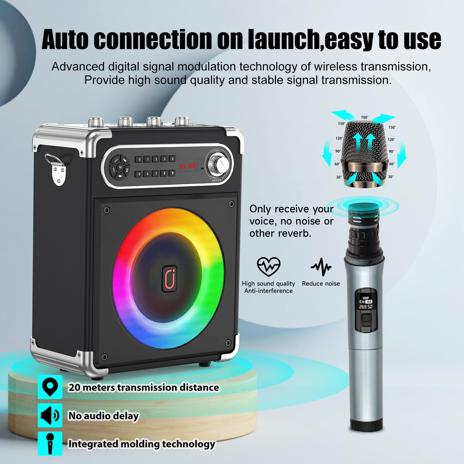 Portable Bluetooth Karaoke Machine with 2 Wireless Microphones - Bass/Treble Adjustment, LED Lights, Remote Control - Supports USB/AUX/TF/FM/REC/TWS - Perfect for Home Parties, Outdoor Gatherings & KTV Entertainment