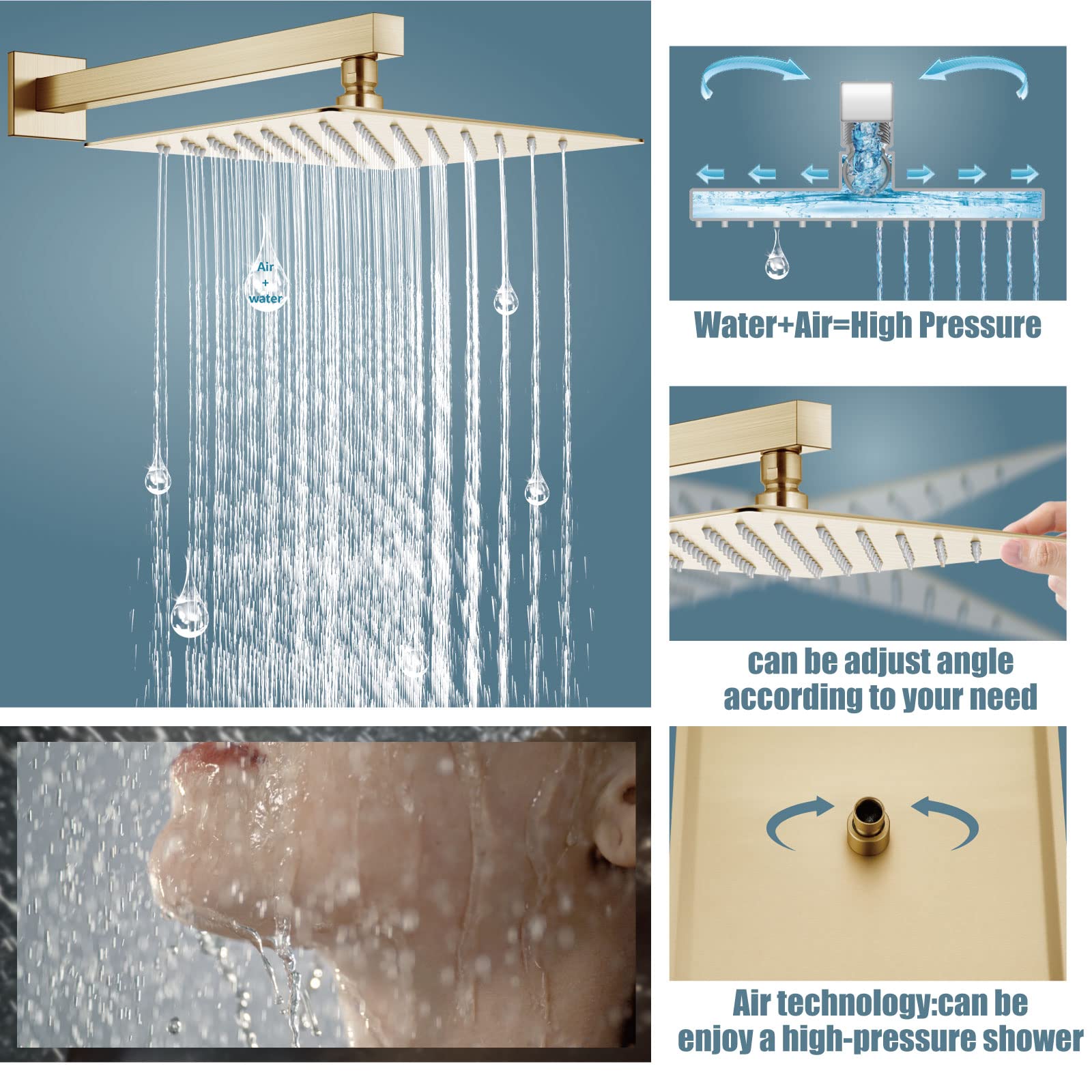 Aolemi 10 Inch Wall Mount Shower Faucet Set - Brushed Gold Rain Shower System with Handheld Spray, Rough-in Valve & Trim Kit | Bathroom Shower Combo for Luxurious Spa-like Experience at Home