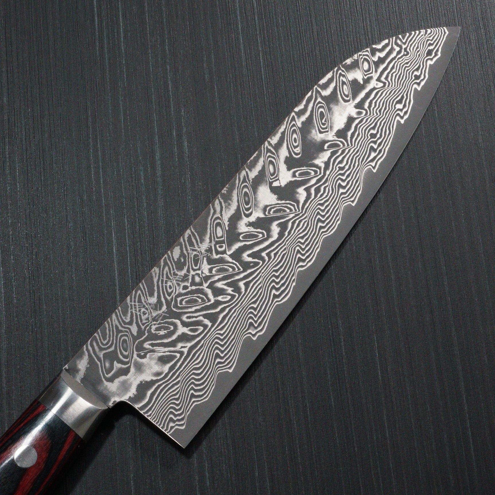 Premium Japanese Yoshimi Kato SG2 Super Gold 2 Damascus Santoku Knife - V-Shaped Black Blade with Red Handle - Perfect for Slicing, Dicing & Chopping Vegetables, Meat & Fish