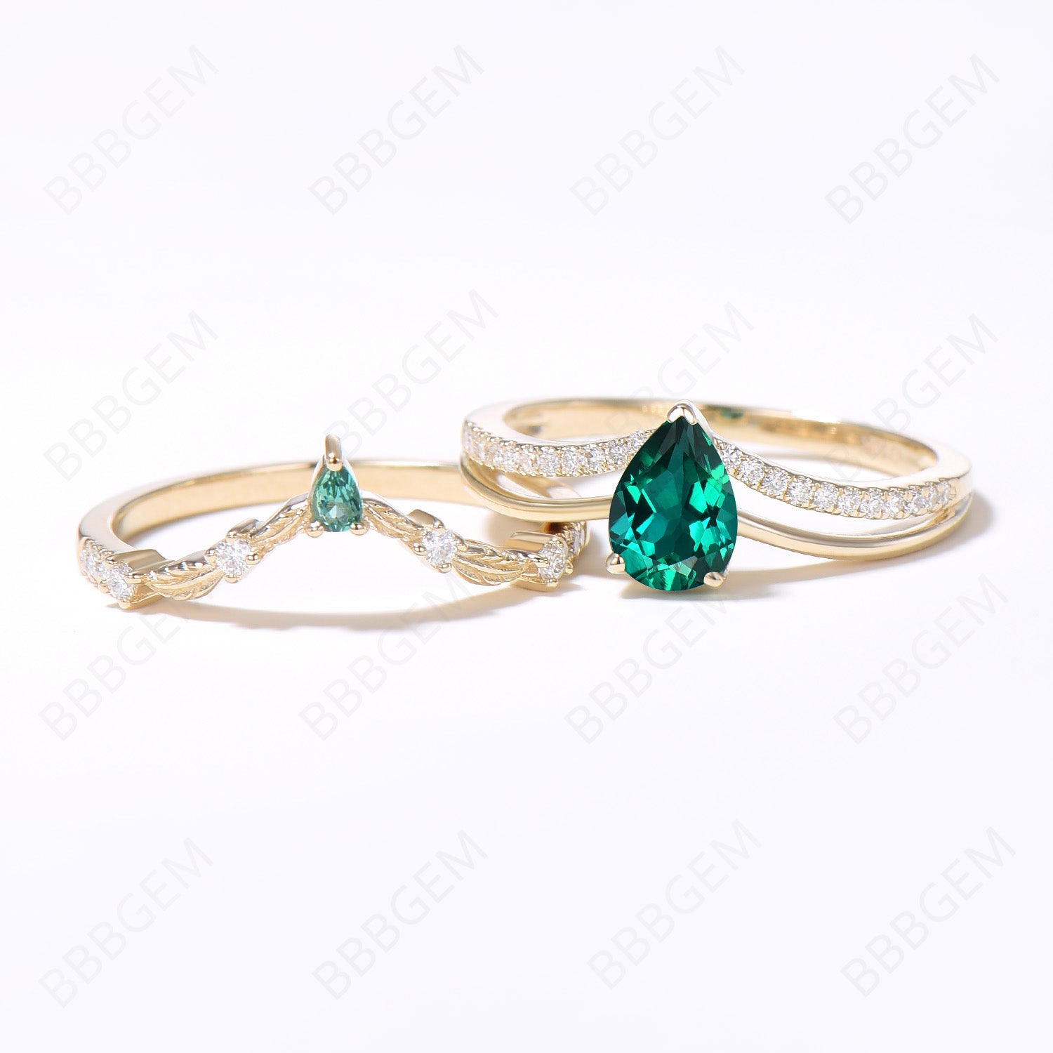 5x7mm Pear Shaped Emerald Bridal Ring Set - 14k Gold May Birthstone Ring with Diamond Accents, Unique Split Shank Branch Leaf Design for Wedding, Proposal Gift - Perfect for Engagement, Anniversary & Special Occasions