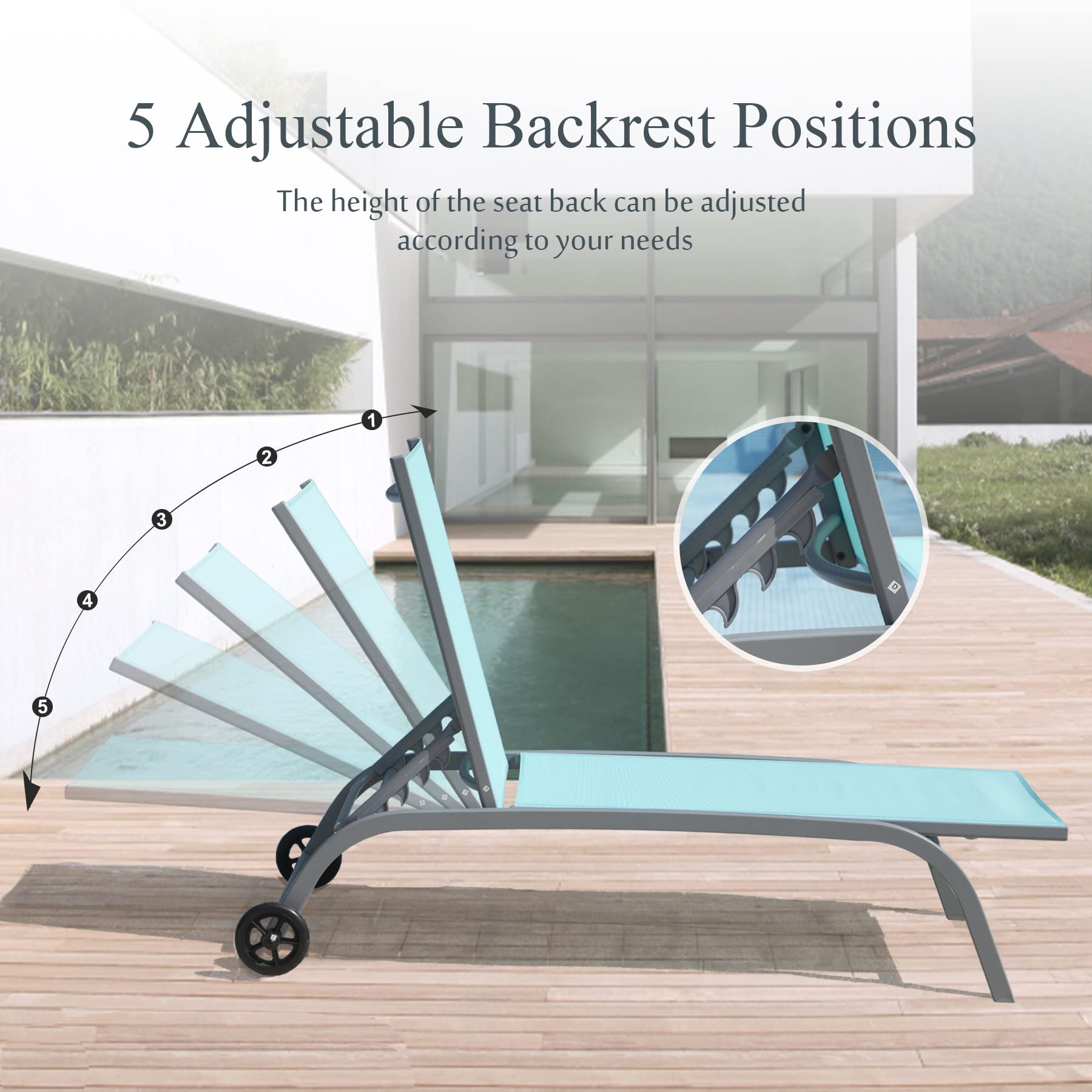 **Domi Chaise Lounge Outdoor Set of 2 - Adjustable Poolside Lounge Chairs with Wheels, 5-Position Reclining for Patio, Yard, Deck - Turquoise Blue - Perfect for Sunbathing & Relaxing by the Pool**