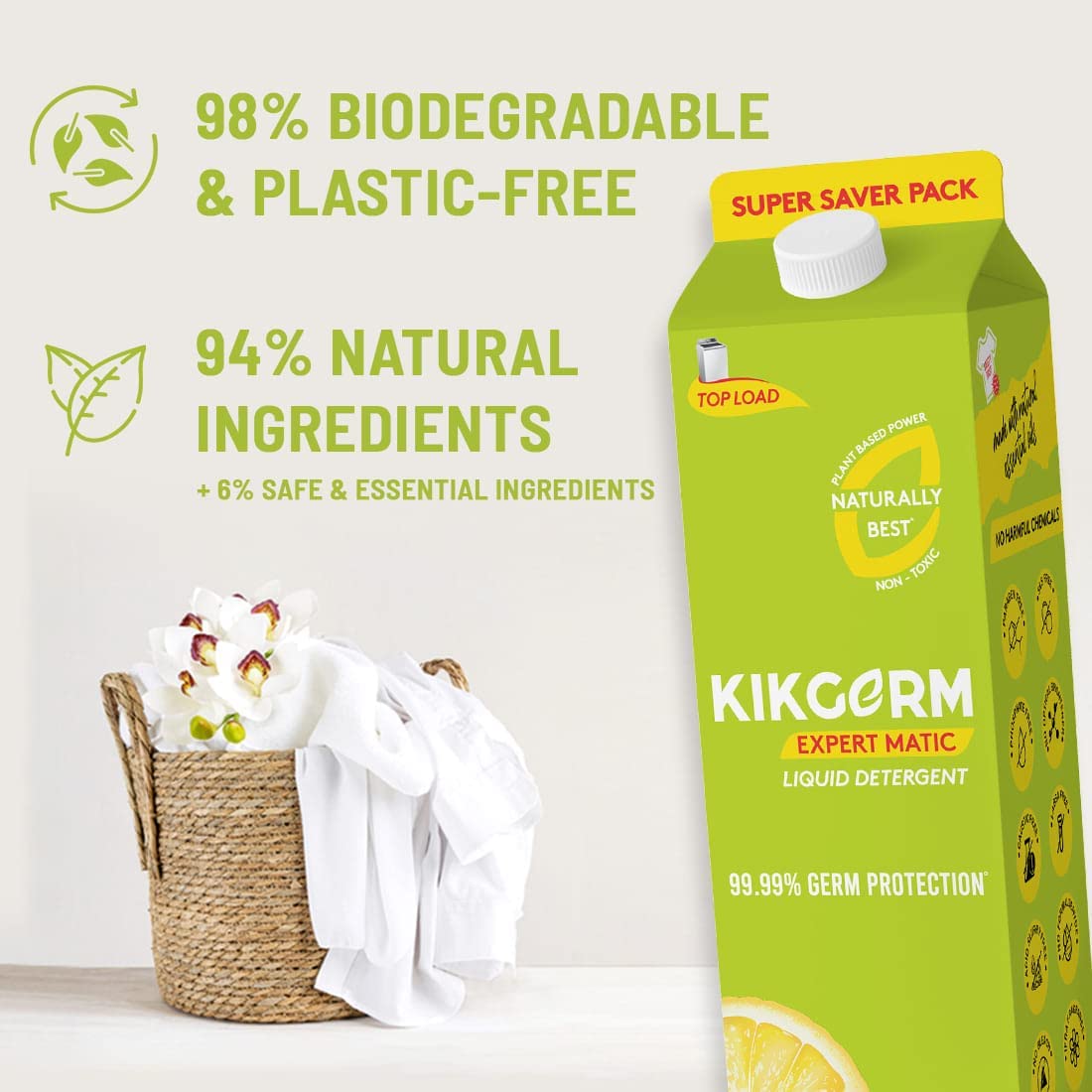 KIKGERM Natural Plant-Based Liquid Laundry Detergent - Top Load Washer Safe, Tough Stain Remover for Whites & Colors, Eco-Friendly, No Harmful Chemicals (1100ml, Pack of 2) - Perfect for Families, Sensitive Skin & Sustainable Living