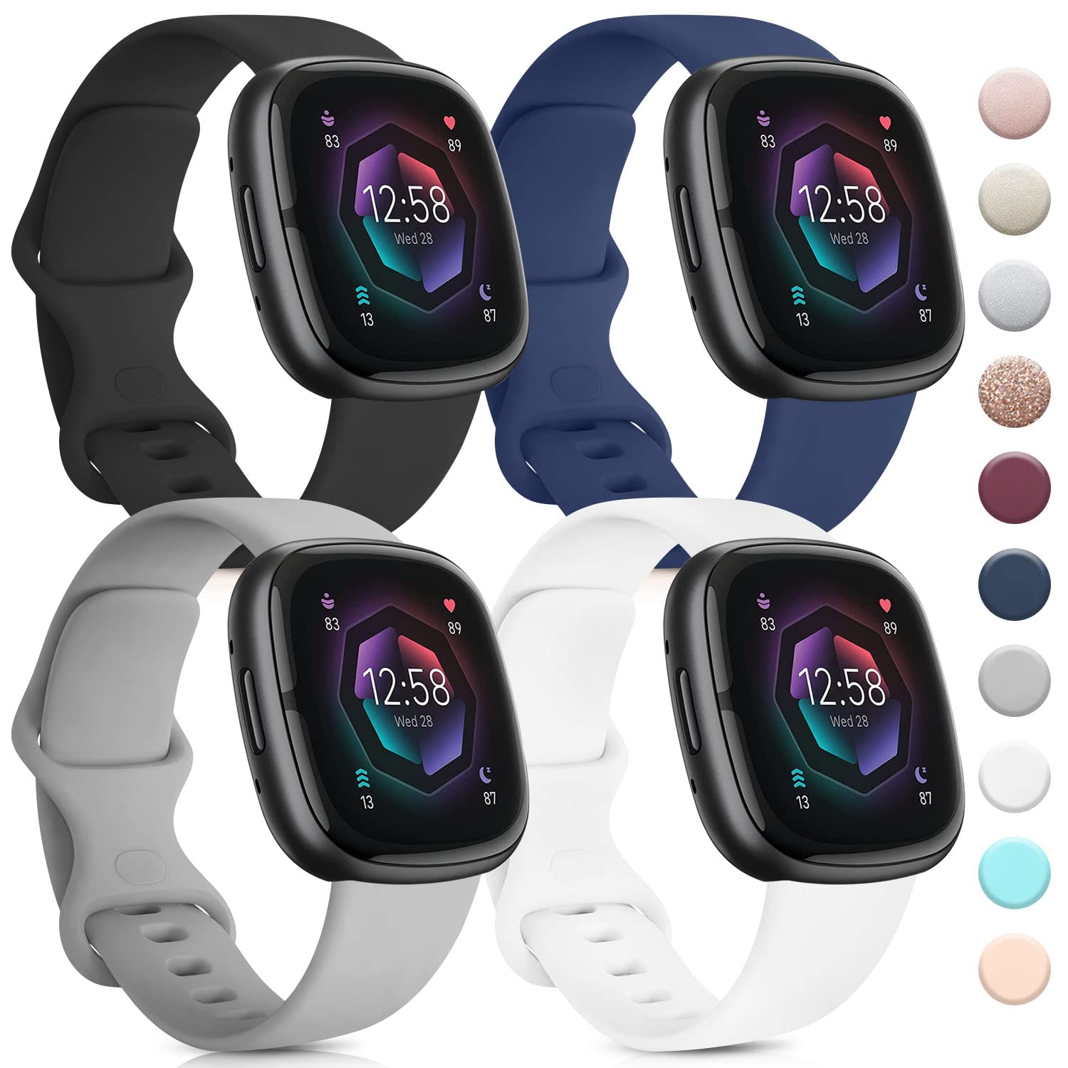 4 Pack Replacement Bands for Fitbit Sense 2/Sense/Versa 4/Versa 3 - Soft Silicone Watch Straps Compatible with Women & Men - Perfect for Workouts, Running & Everyday Wear