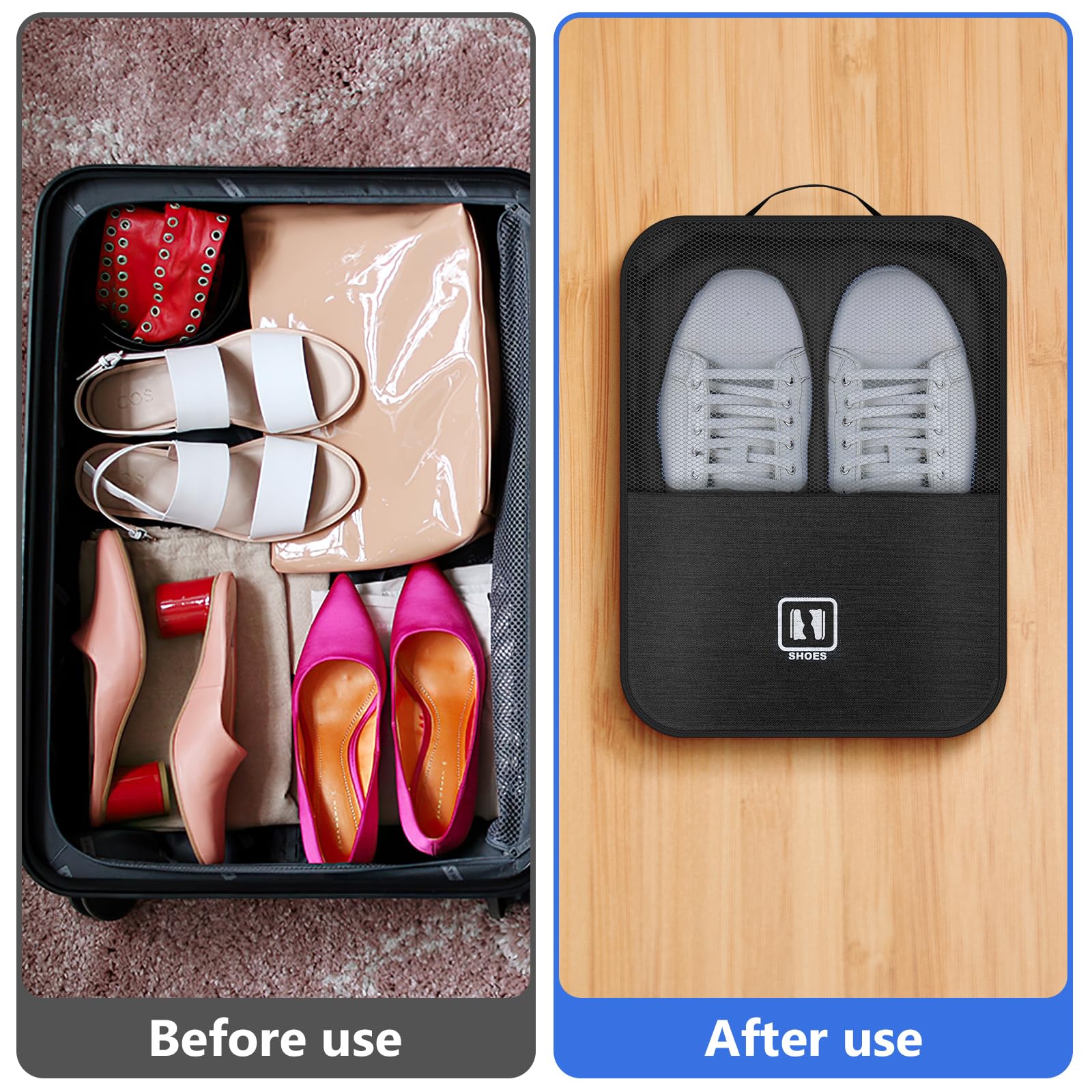 Waterproof Travel Shoe Bag for 3 Pairs - Compact Shoe Organizer for Men & Women (Black) - Perfect for Packing Sneakers & Gym Shoes