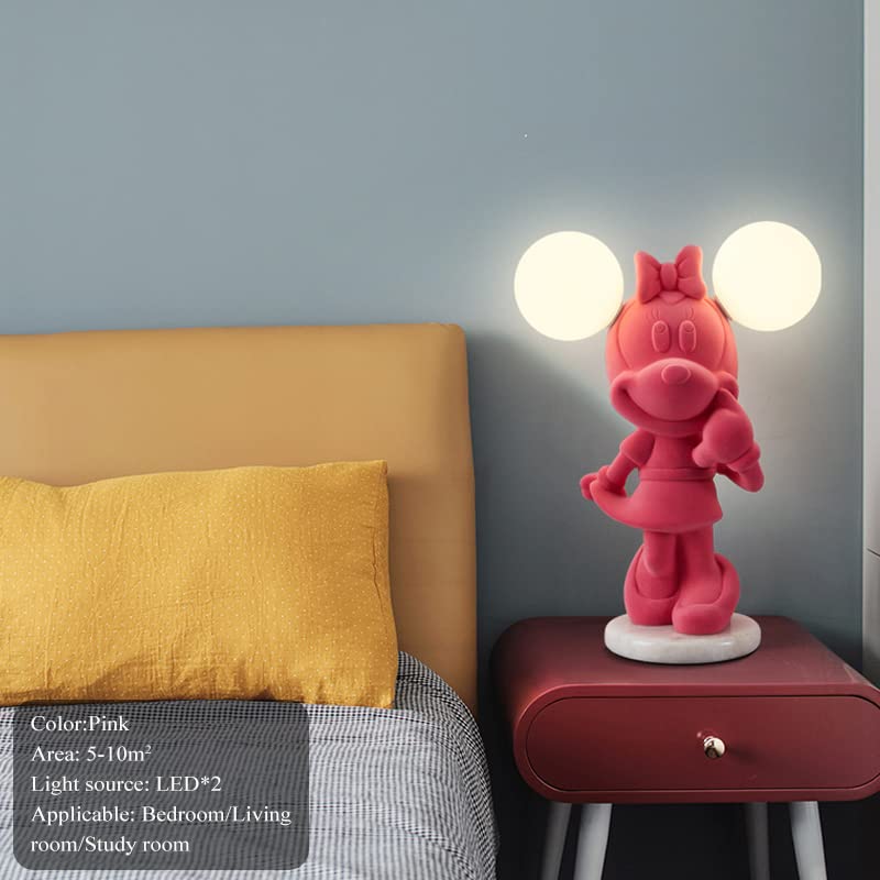 Pink Cartoon Mickey Mouse Night Light - 2-Pack Resin Table Lamp with Frosted Glass Shade & Marble Base, Cute Bedside Lamp for Girls Room, Living Room, Study Room - Perfect for Kids Bedroom Decor, Reading Nook & Cozy Nighttime Ambience