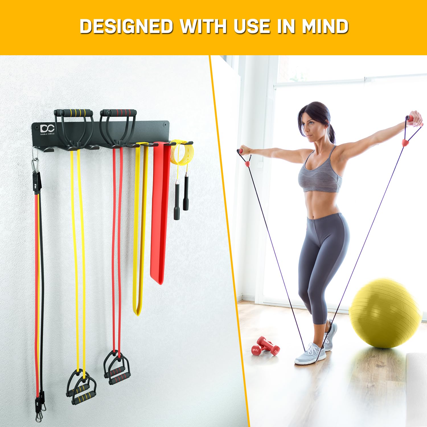 Double Circle Gym Equipment Storage Rack - Wall Mounted Multi-Purpose Organizer for Home Gym - Holds Exercise Bands, Barbells, Jump Ropes, Chains & Lifting Belts (17