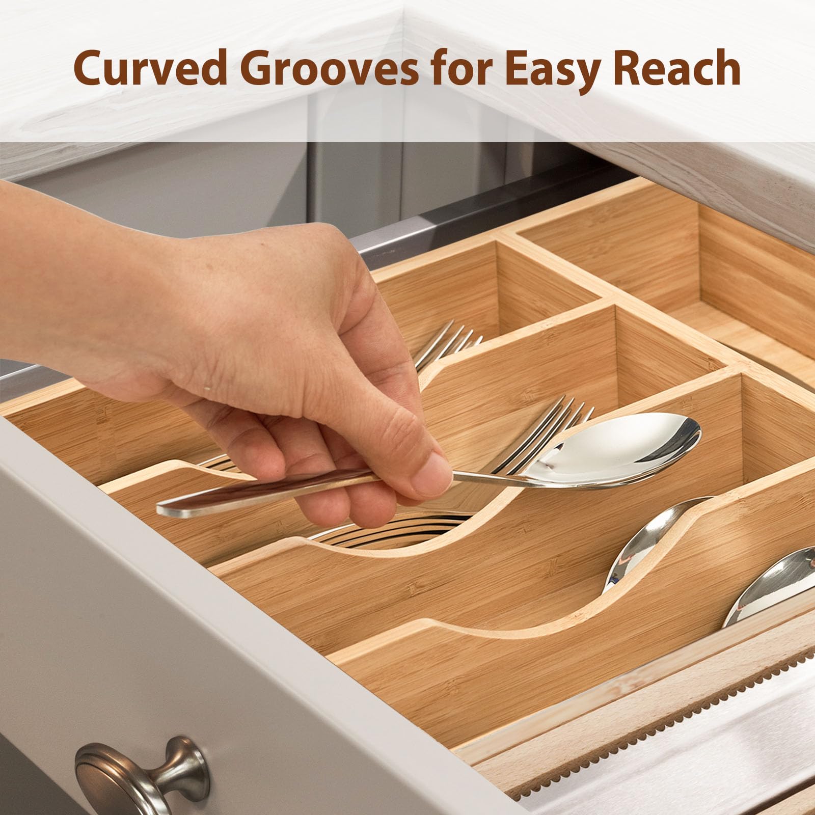 Umilife 10 Inch Bamboo Kitchen Drawer Organizer - Silverware Utensil Tray with Non-Slip Feet & Grooved Divider, 5-Slot Flatware Holder for Knives, Forks, Spoons - Perfect for Kitchen, Office, RV & Dorm Organization