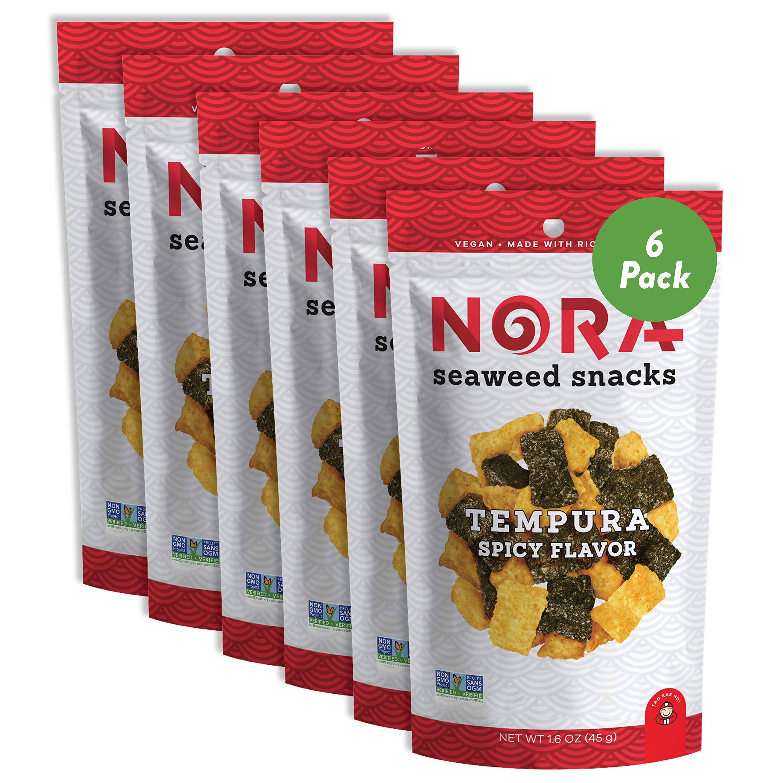 **Nora Spicy Tempura Seaweed Snacks - Thick Nori Sheets Snack Strips | Low-Carb, Vegan, Non-GMO Healthy Snacks for Adults | Asian-Inspired Crunchy Treats | Perfect for Office, Travel & Keto Diet | 6-Pack**