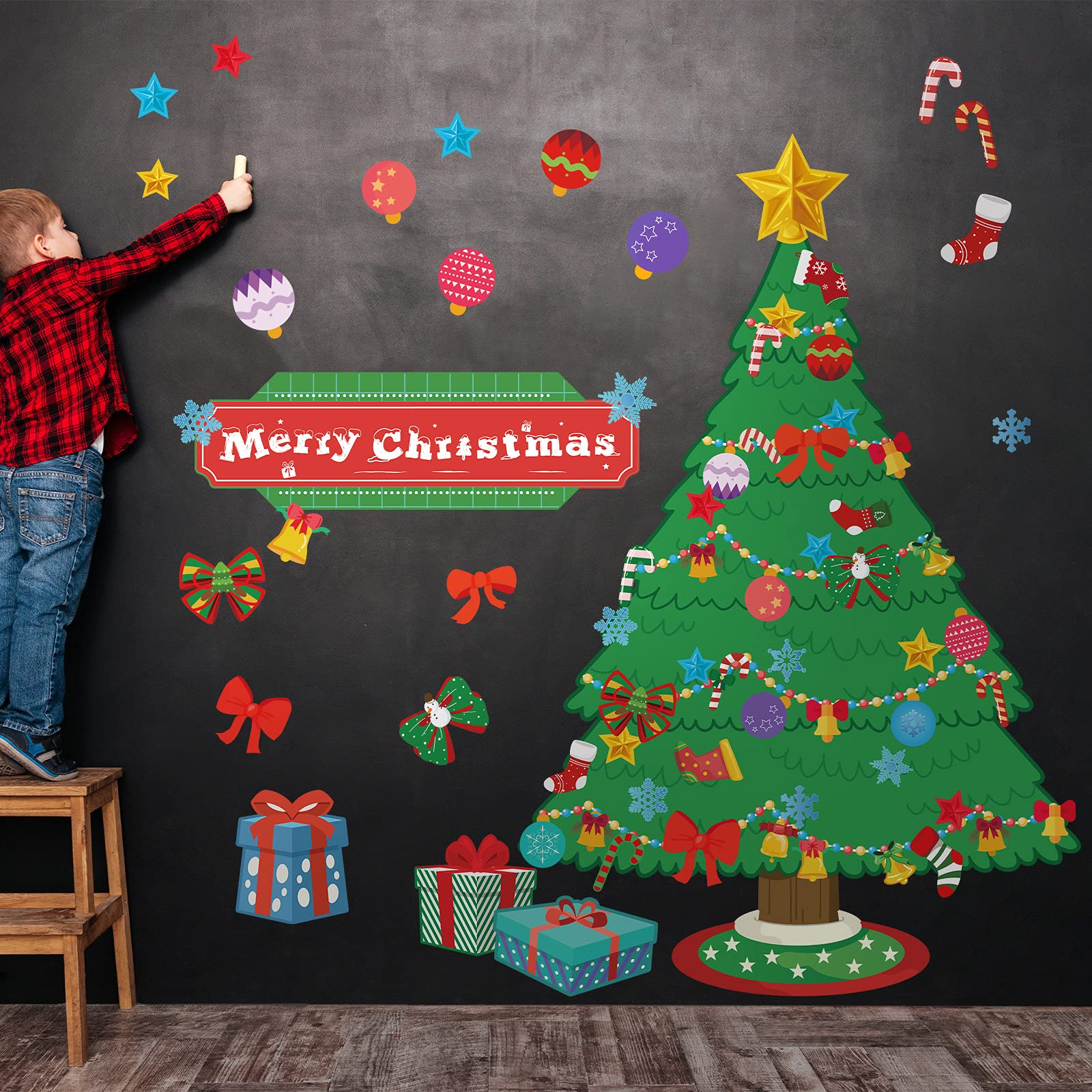71 Piece Christmas Classroom Decor Set - Tree, Banners, Candy Canes, Stars, Bells, Snowflakes, Presents, Stockings & Bows - Holiday Party, School Bulletin Board & Winter Classroom Decoration Kit