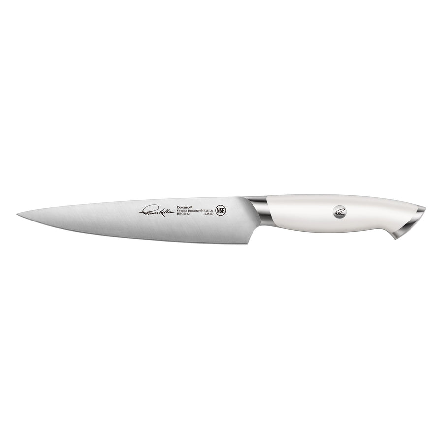 Cangshan TKSC White Series 7-Inch Utility Knife - Swedish Damasteel RWL34 Powder Steel Forged Blade - Professional Kitchen Knife for Slicing, Chopping, and Food Prep