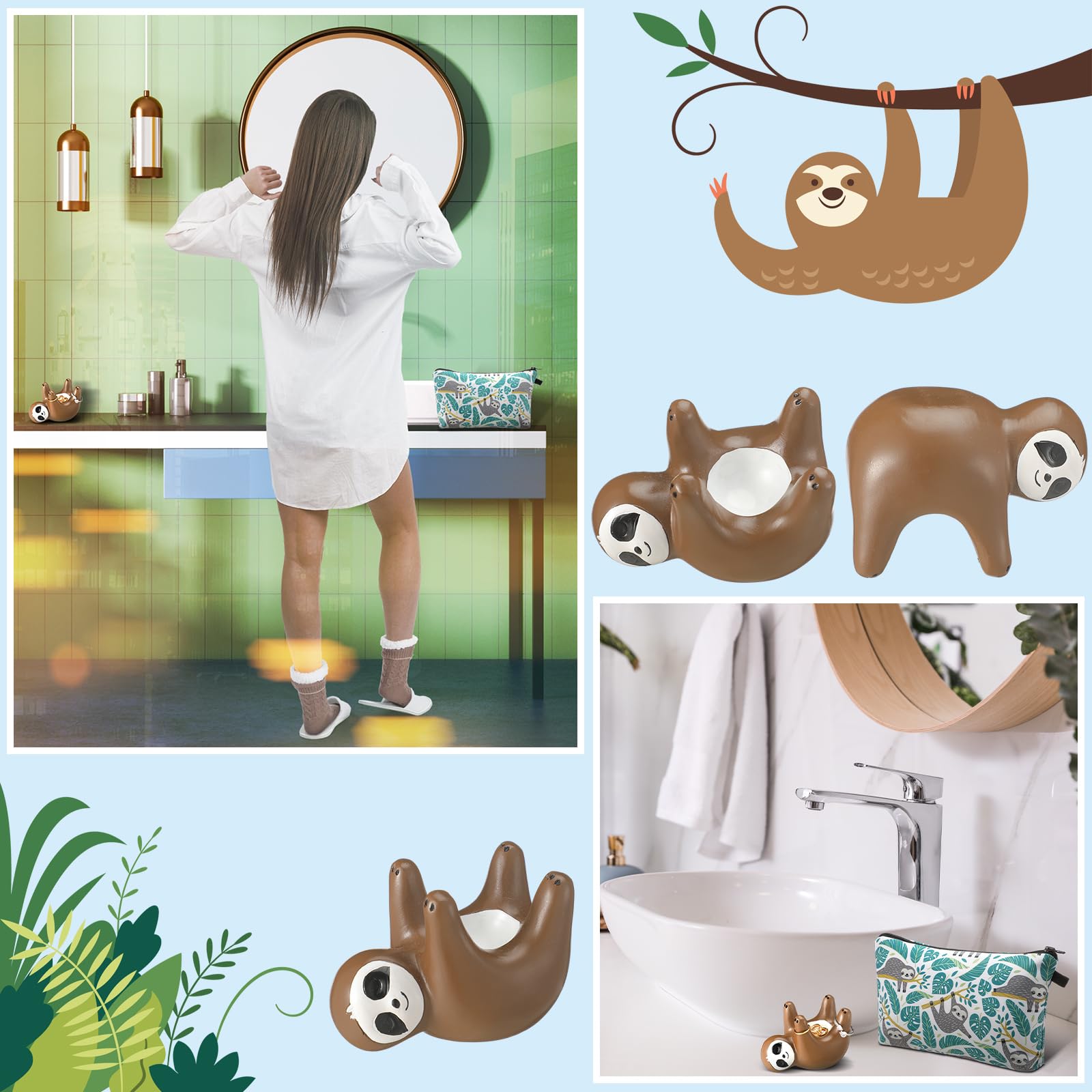 3 Pcs Valentine's Day Sloth Gift Set for Women - Cozy Slippers, Ring Holder & Makeup Bag with Non-Slip Fuzzy Socks | Perfect Birthday Gifts for Mom, Grandma, Teacher & Friends | Ideal for Relaxing at Home, Spa Days & Cozy Nights