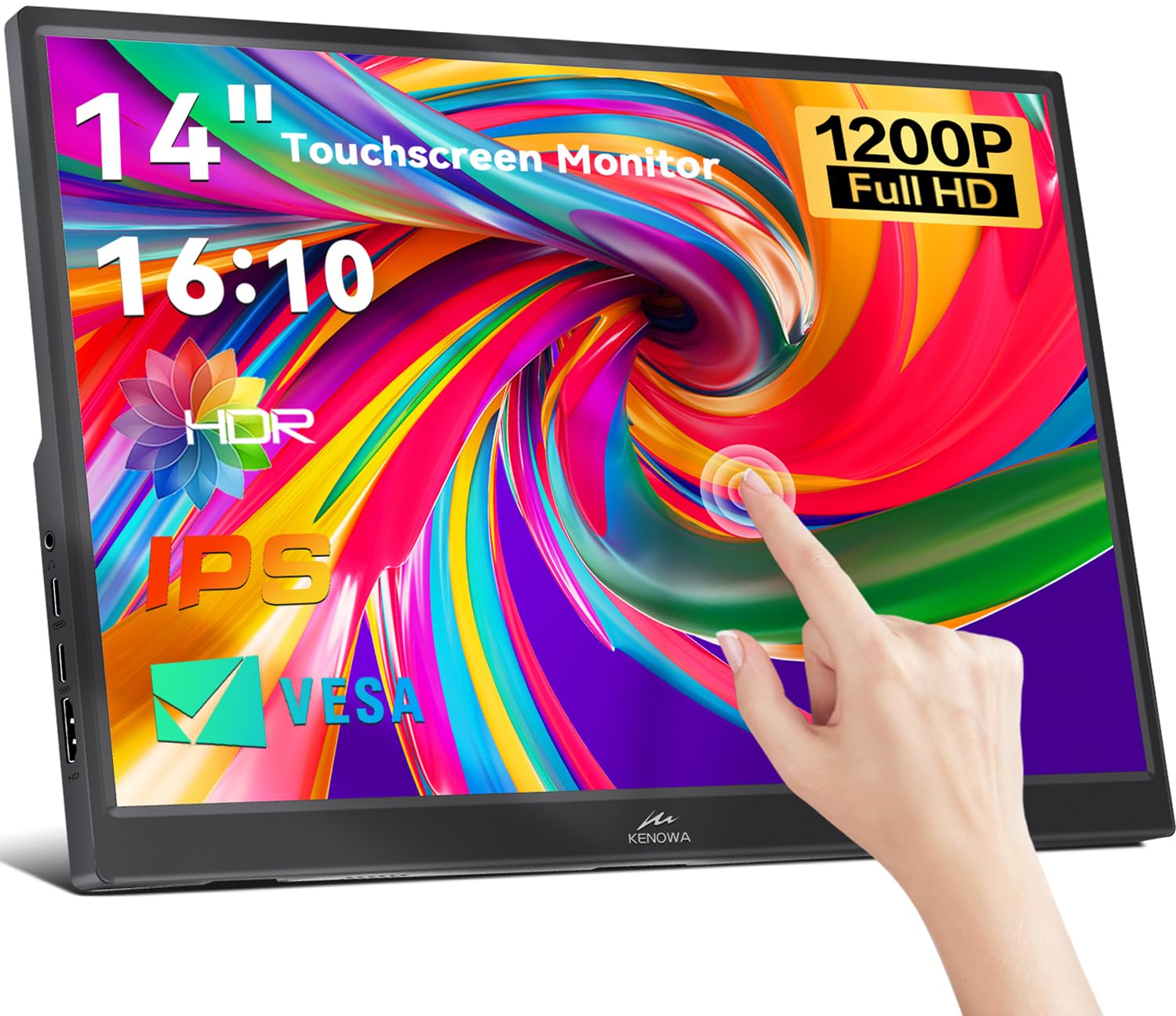 Kenowa 14 Inch Portable Touchscreen Monitor - FHD 1920x1200P IPS Display, USB-C & HDMI Ports, HDR, Built-in Dual Speakers - External Travel Monitor for Laptop, Phone, Mac, PC, Xbox, Switch, PS4/5 - Perfect for Remote Work, Gaming & Entertainment On-The-Go