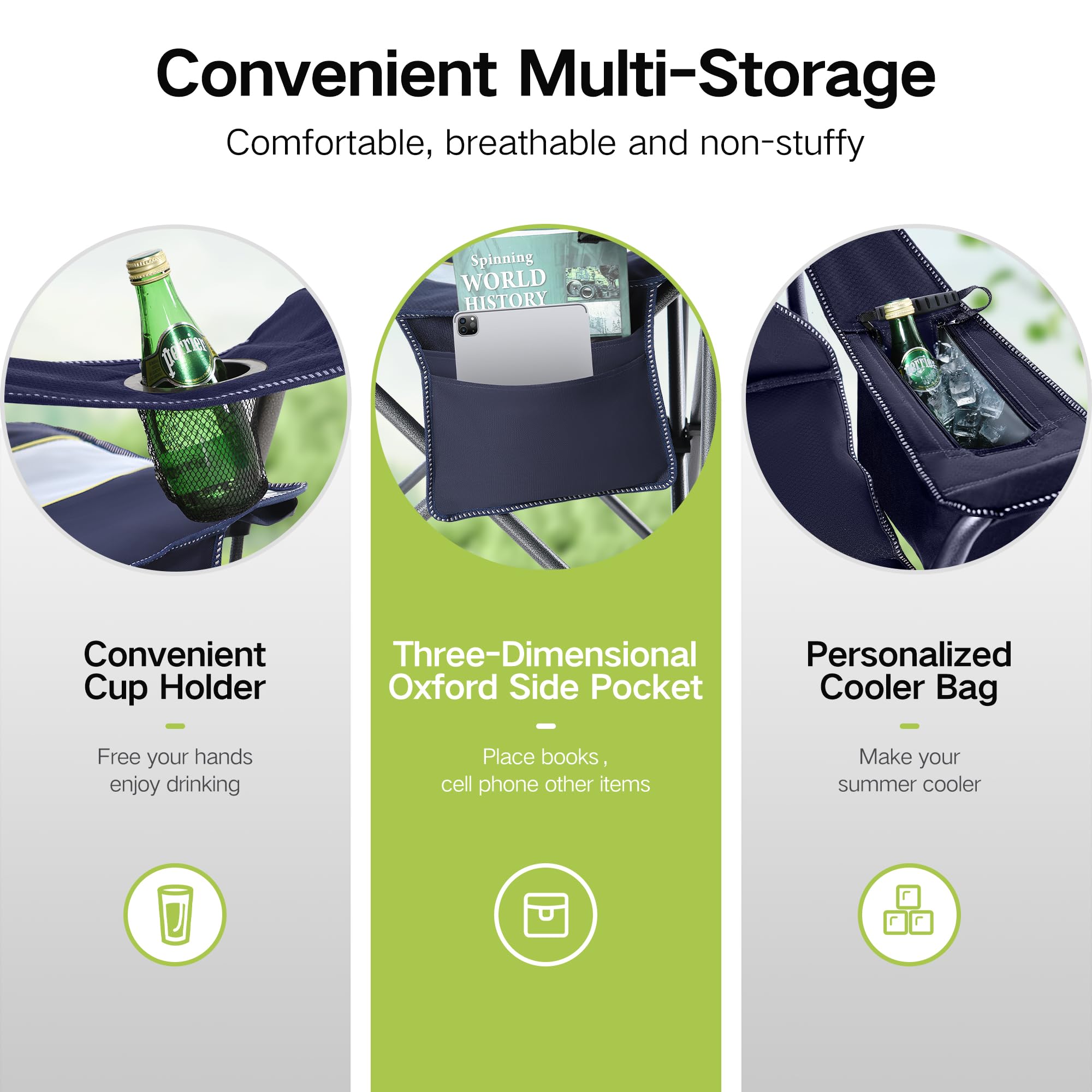 GREEN PARTY Heavy Duty Folding Camping Chair with Cooler Bag - Oversized Padded Outdoor Armchair with Cup Holder & Storage Pocket - Portable Collapsible Lawn Chair for Backyard, Beach, Picnic & Tailgating