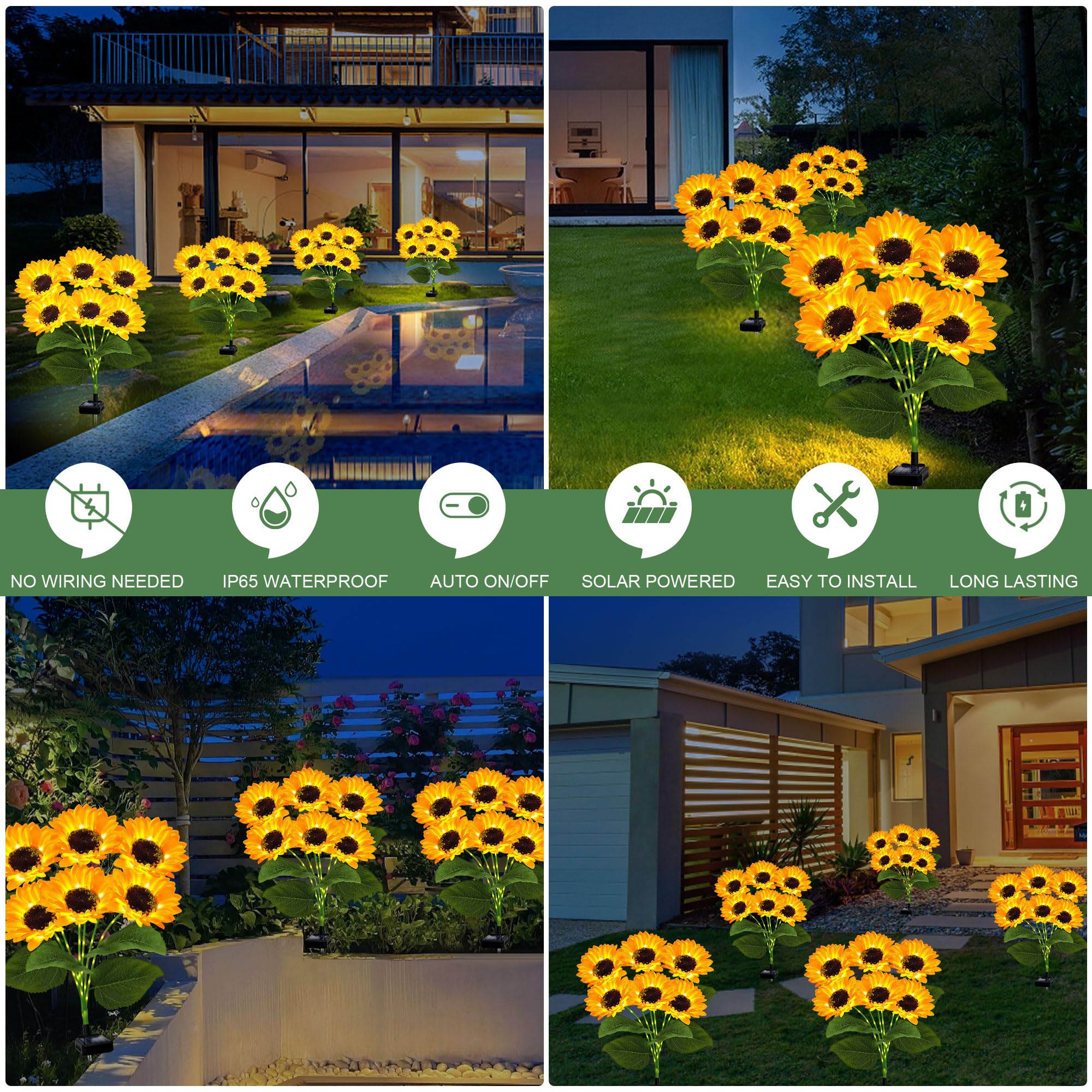 Solar Sunflower Lights Outdoor - 24 LED Sunflower Garden Stake Lights (4 Pack) - Waterproof Solar Powered Decorative Lights for Yard, Lawn, Pathway & Patio Decor