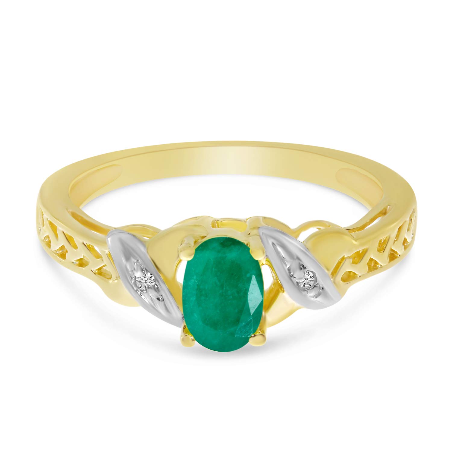 10K Yellow Gold Oval Emerald and Diamond Ring for Women - Elegant Vintage Style Engagement & Wedding Jewelry Gift