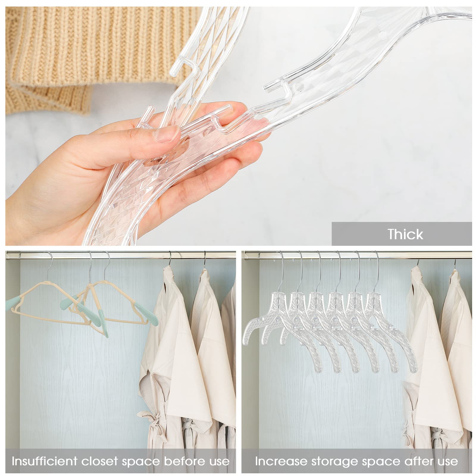 Roowest 40 Pack Clear Plastic Hangers - Thick Acrylic Crystal Cut Non-Slip Closet Hangers for Coats, Dresses, Suits, Shirts & Jackets | Space Saving & Durable | Perfect for Home, Closet Organization & Retail Stores
