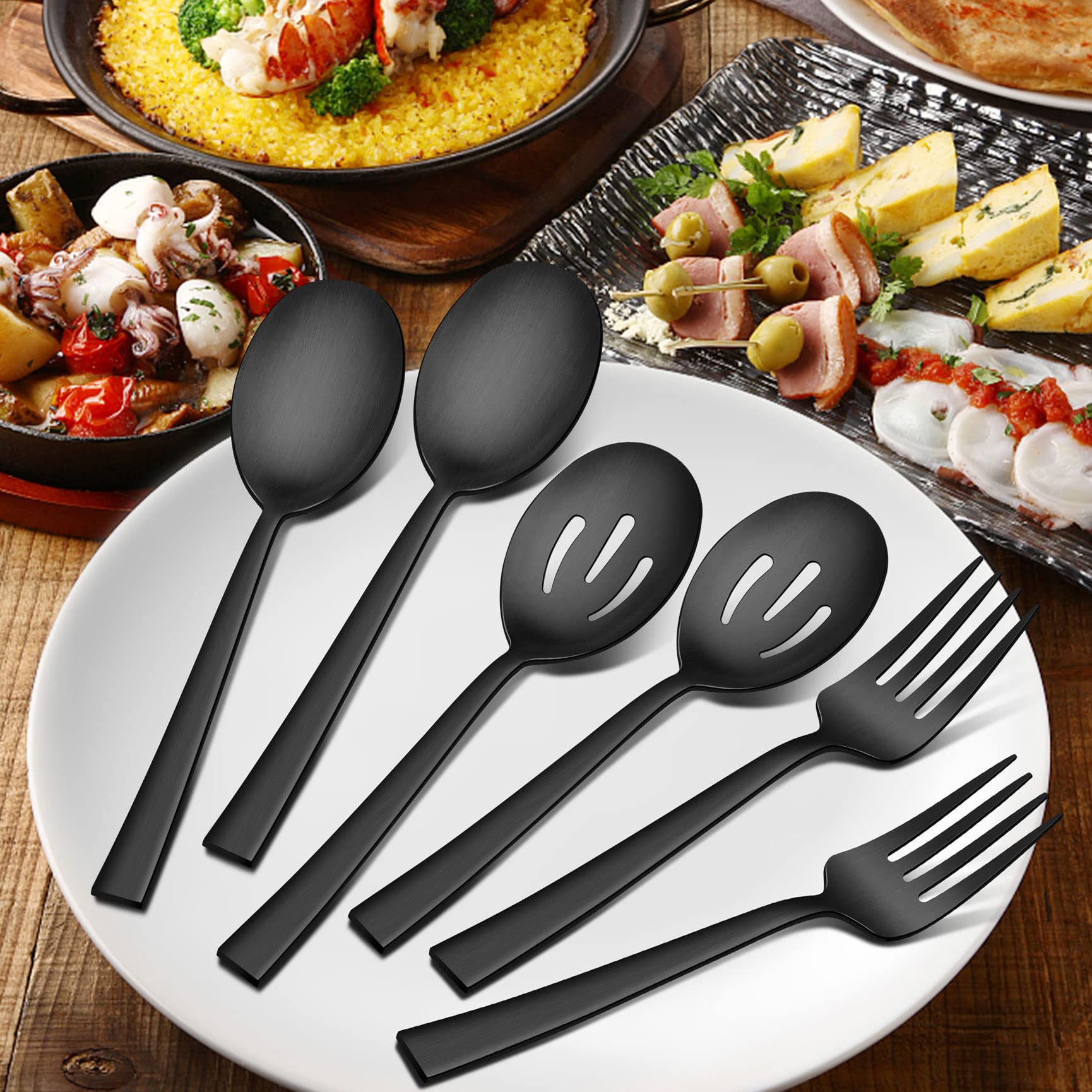 Herogo 23-Piece Matte Black Silverware Set - Stainless Steel Square Flatware with Serving Utensils, Modern Cutlery Set for Catering, Banquet & Home Dining - Dishwasher Safe Satin Finish - Perfect for Restaurants, Weddings & Everyday Use