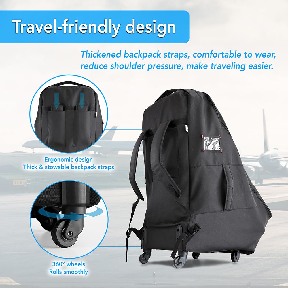 Best Padded Car Seat Travel Bag with Wheels - Airplane Approved Car Seat Cover & Travel Case for Safe Transport (Black) - Perfect for Air Travel, Road Trips & Storage