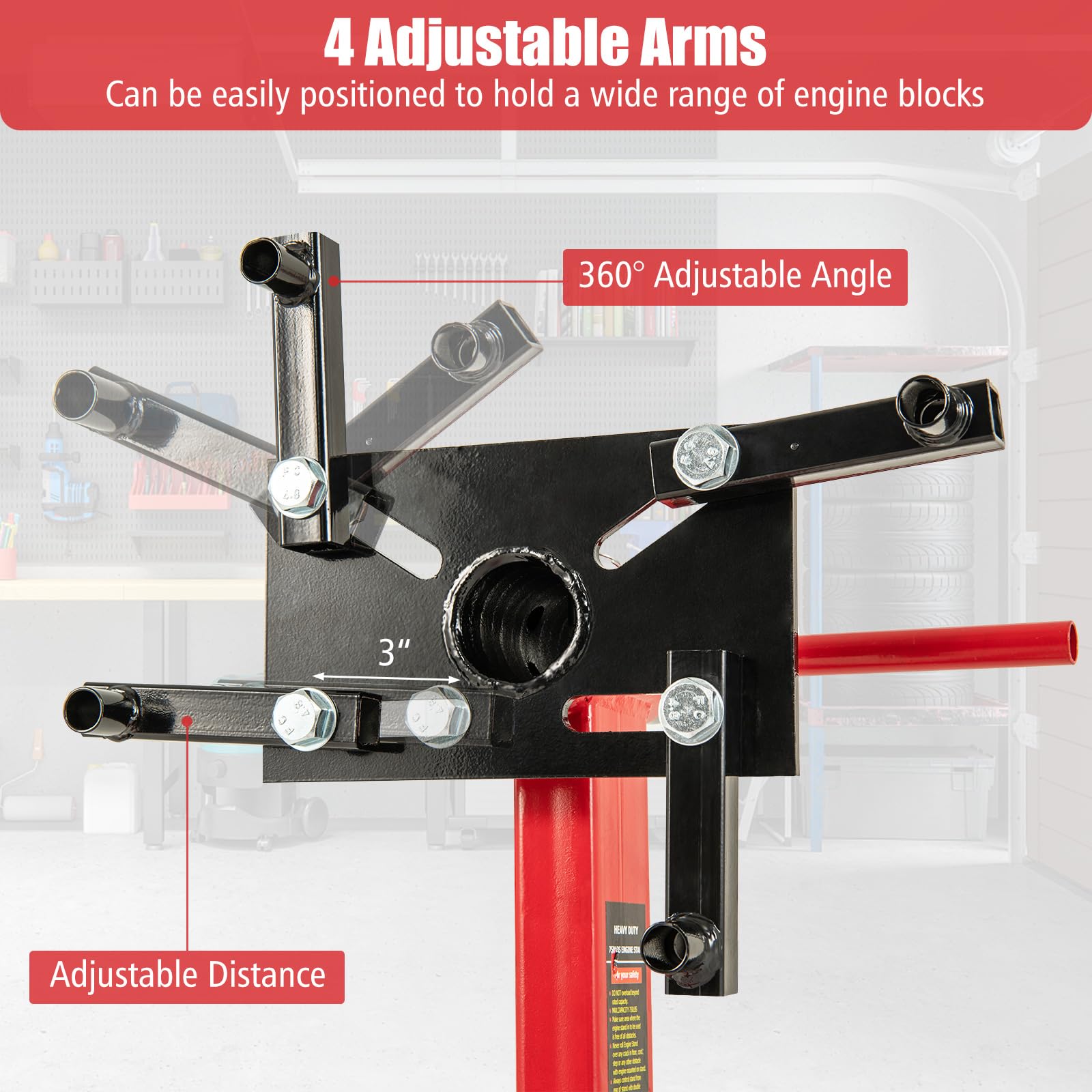 3/4 Ton Engine Hoist Stand with 4 Adjustable Arms & 360° Rotating Head - Heavy Duty 1500 lbs Capacity Engine Motor Stand for Garage, Workshop, Auto Repair - Features 3/4