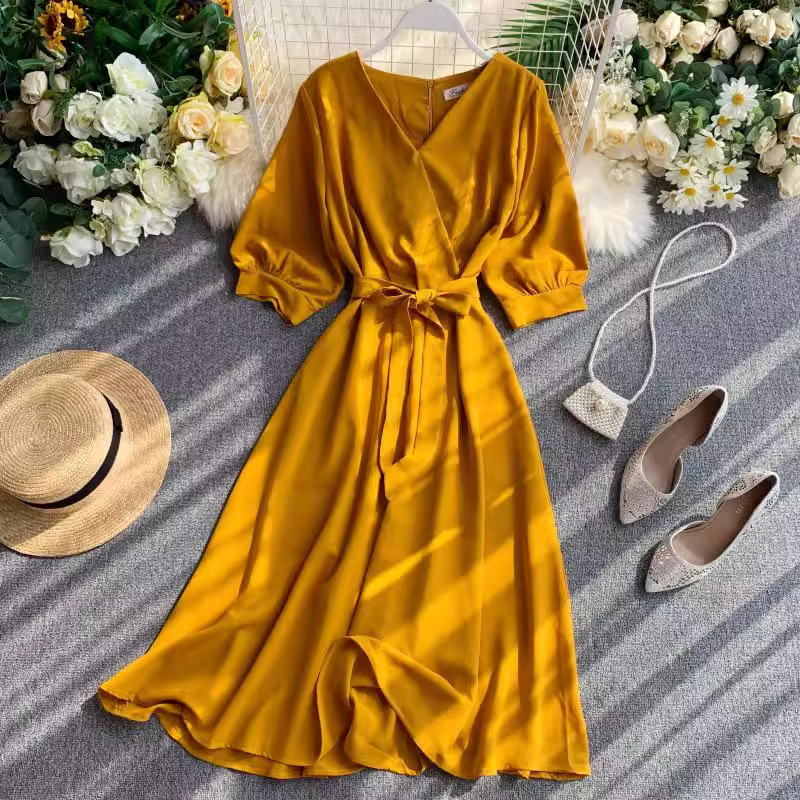 Stylish V-Neck Midi Skirt with Belt - Women's Fashion Mid-Length Skirt for Casual Wear & Office Outfits | Perfect for Spring/Summer Dresses & Everyday Elegance