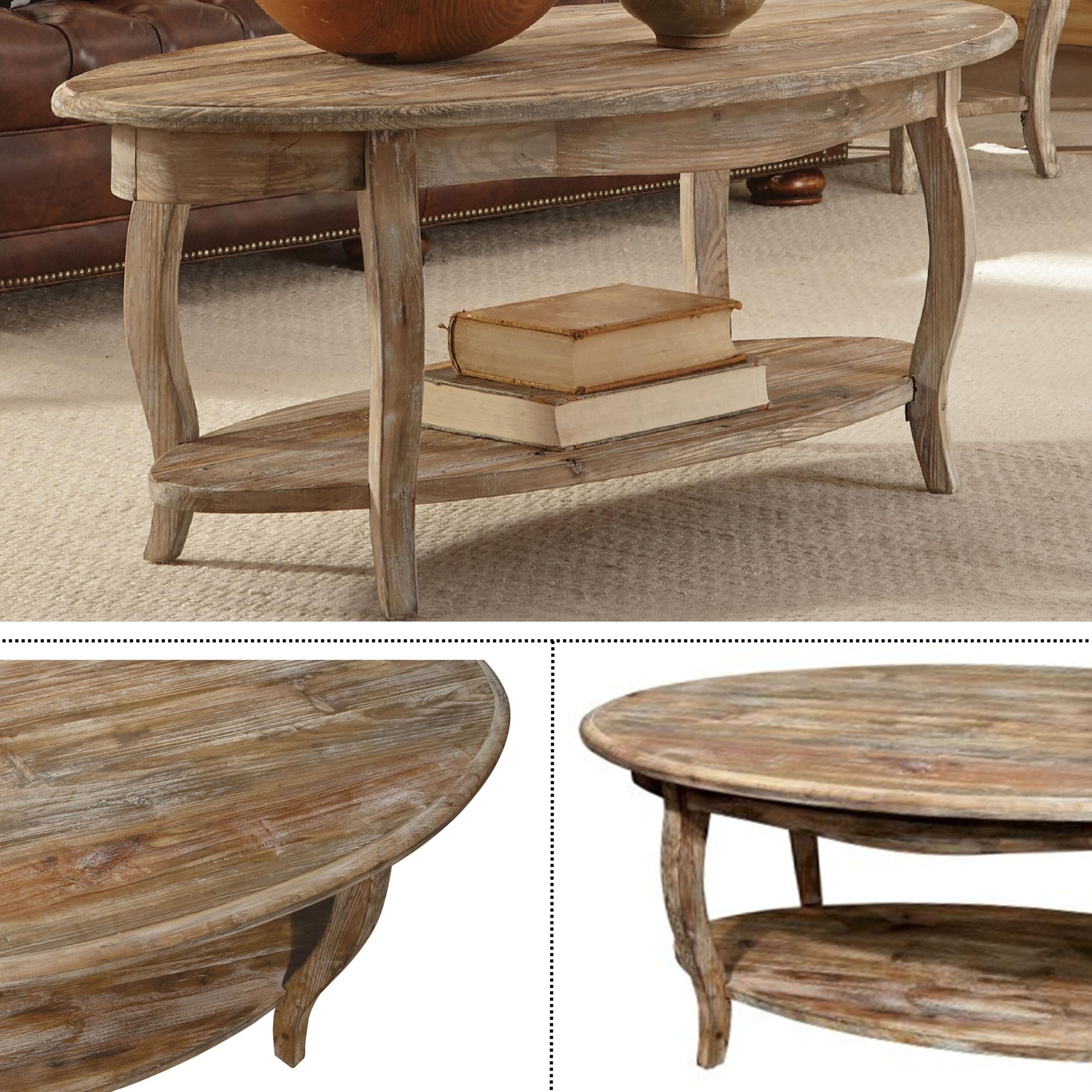 Alaterre Furniture 48 Inch Rustic Oval Coffee Table - Handcrafted Cedar Wood with Curved Legs & Scalloped Edges in Driftwood Finish | Natural & White Distressed Antiquing | Unique Farmhouse Style Accent Table for Living Room, Lounge or Office Decor