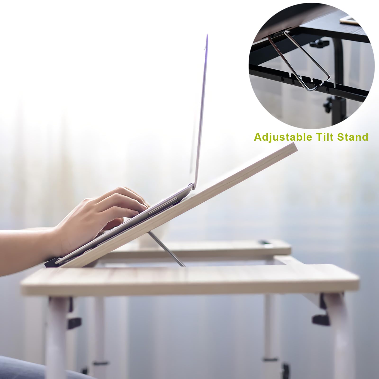 Adjustable Overbed Table with Wheels - Mobile Laptop Desk Cart with Tilt Stand & Storage Shelf - Rolling Tray Table for Hospital, Home Office, Bedroom (White, 31