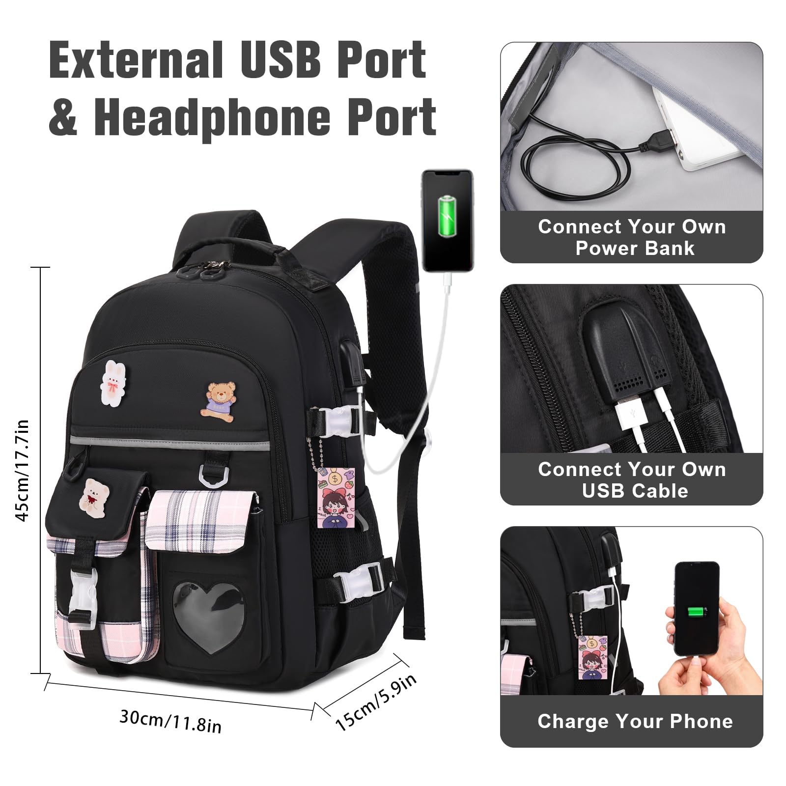 Cute Girls Backpack for School, Travel & Daily Use - Lightweight Bookbag for Kids, Teens & Women - Perfect for Elementary, Middle School & College - Includes Lunch Box (Black) - Ideal for Class, Commuting & Outdoor Adventures