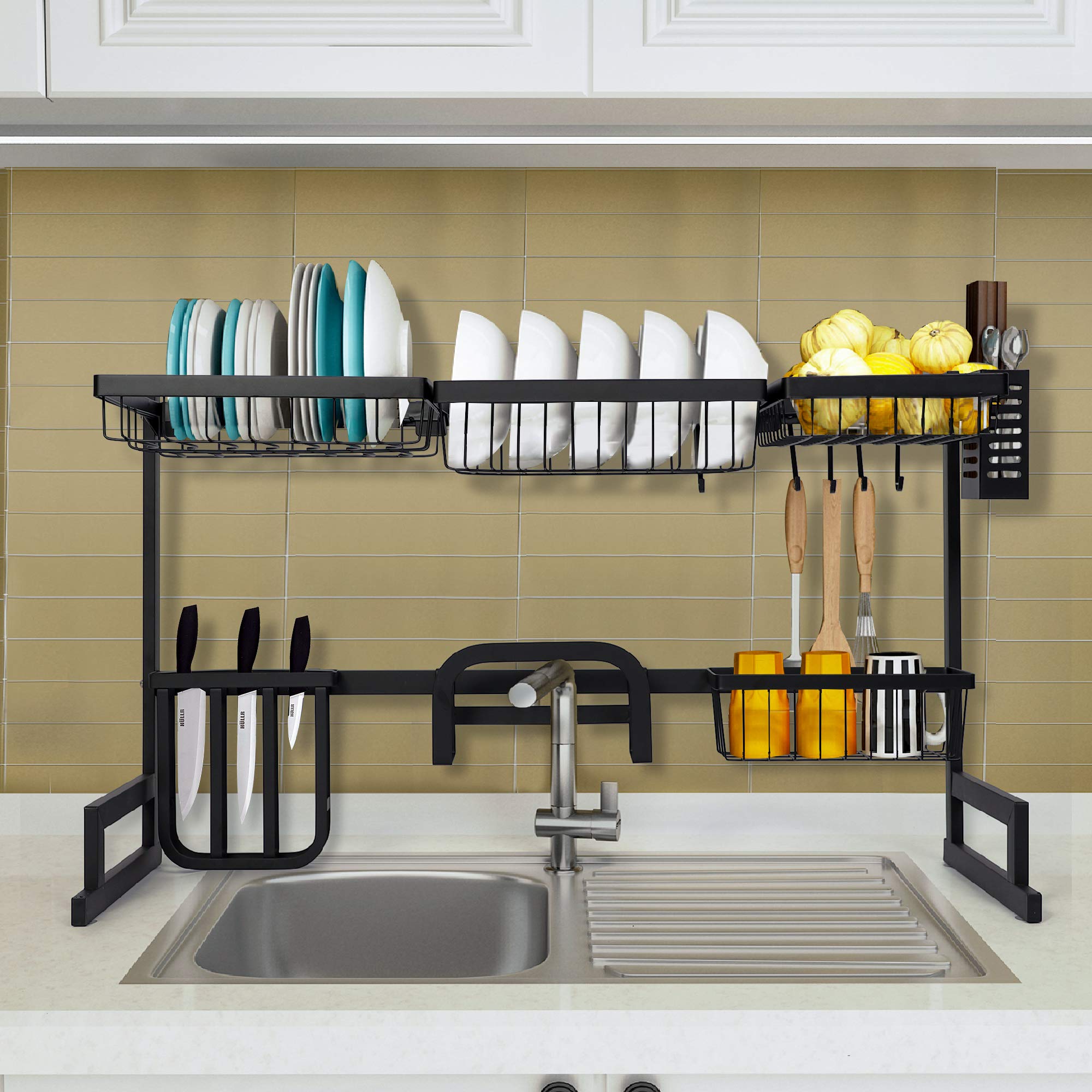 Stainless Steel 2-Tier Over The Sink Dish Drying Rack with Cutting Board & Sponge Holder - Space Saving Kitchen Counter Organizer for Dishes, Utensils & Sponges - Perfect for Small Kitchens, Apartments & RV Use (Black)