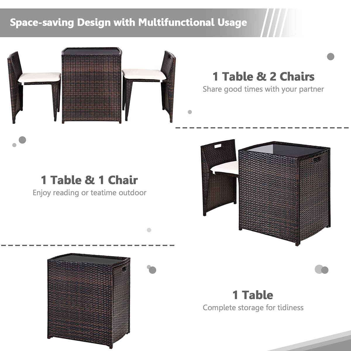 RELAX4LIFE 3-Piece Outdoor Patio Furniture Set - PE Rattan Wicker Bistro Set with Cushions & Glass Top Table, Brown - Perfect for Garden, Balcony, Poolside & Backyard Relaxation