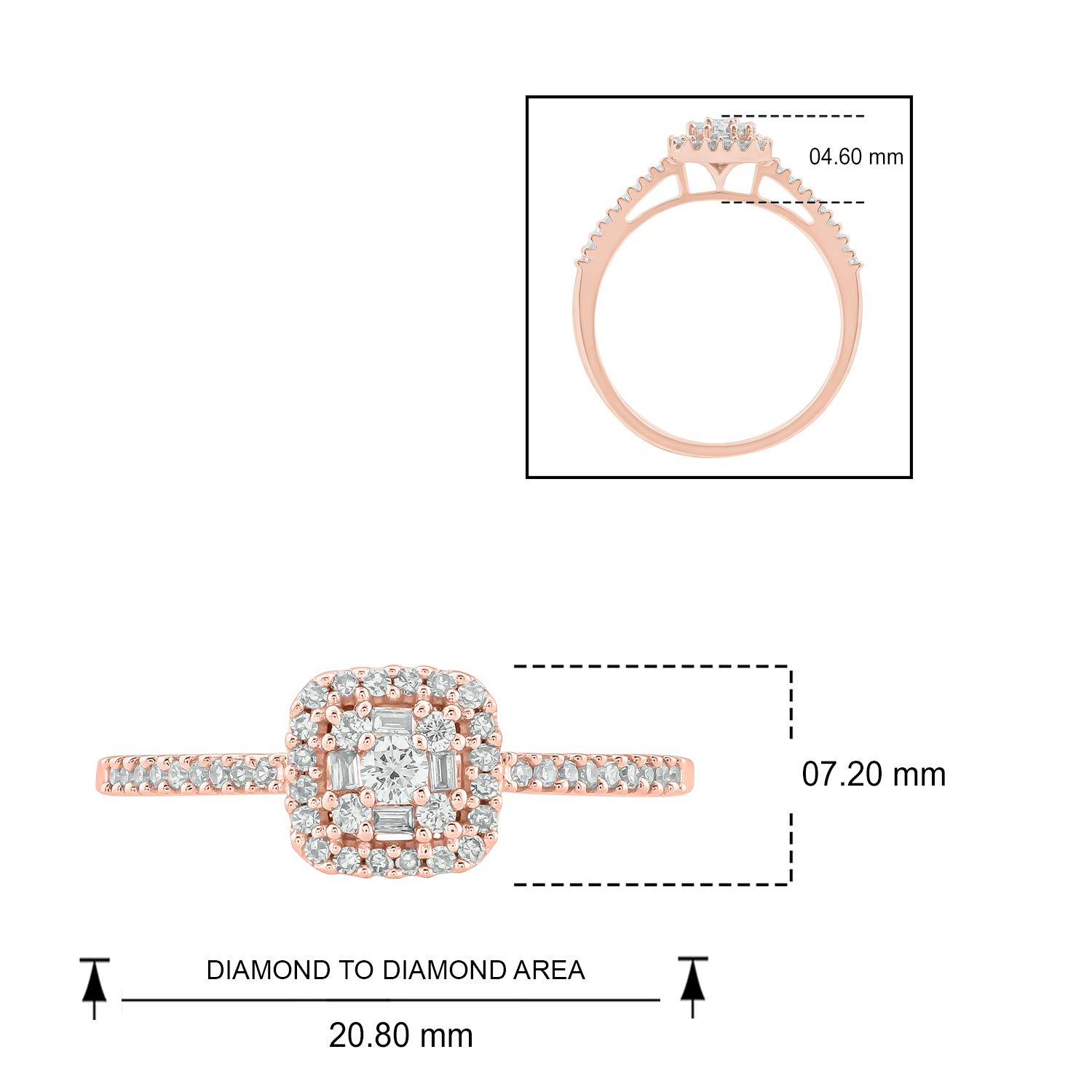 1/4 Carat Round & Baguette Diamond Halo Engagement Ring for Women - 10K Rose Gold, White Gold or Yellow Gold - Elegant Square Halo Wedding Ring with Baguette Accents - Perfect for Proposals, Anniversaries & Special Occasions