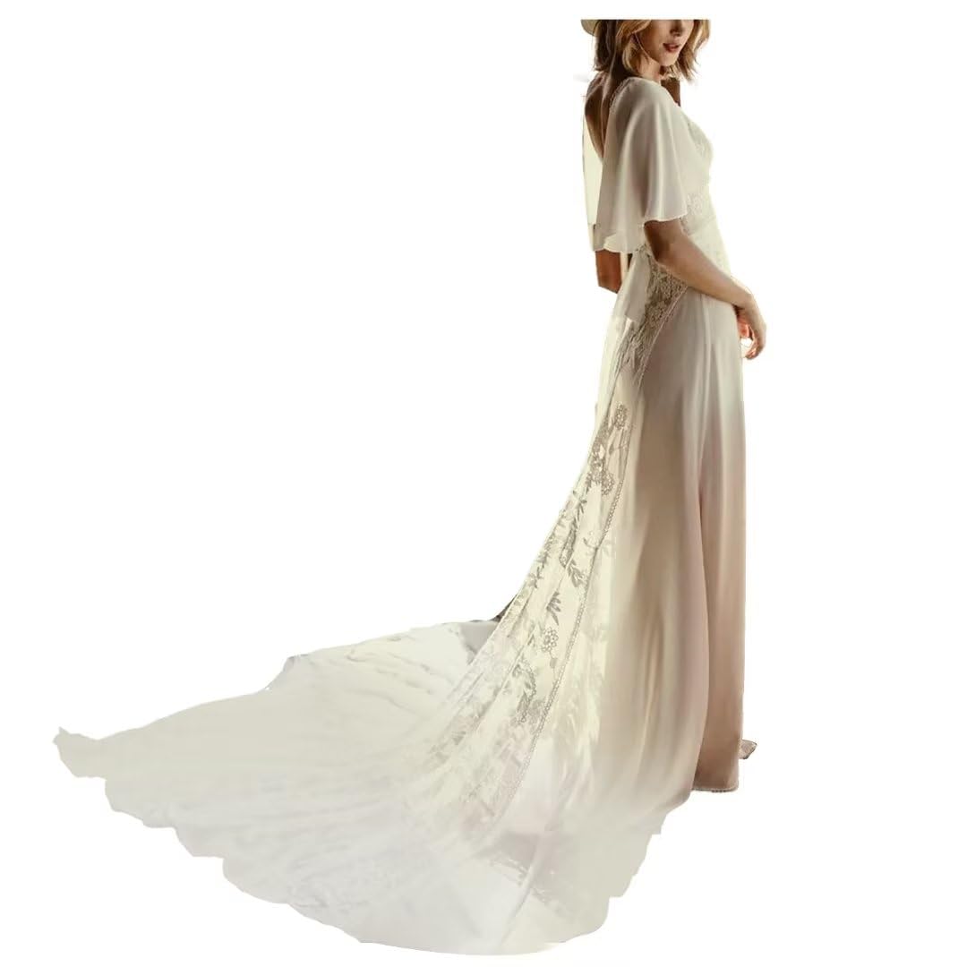 Elegant Ruffle Sleeves Lace Applique Wedding Dress - Boho Chiffon V-Neck Prom Gown for Formal Evening Parties - A-Line Long Dress in Ivory Size 16 | Perfect for Weddings, Proms, Galas & Special Occasions