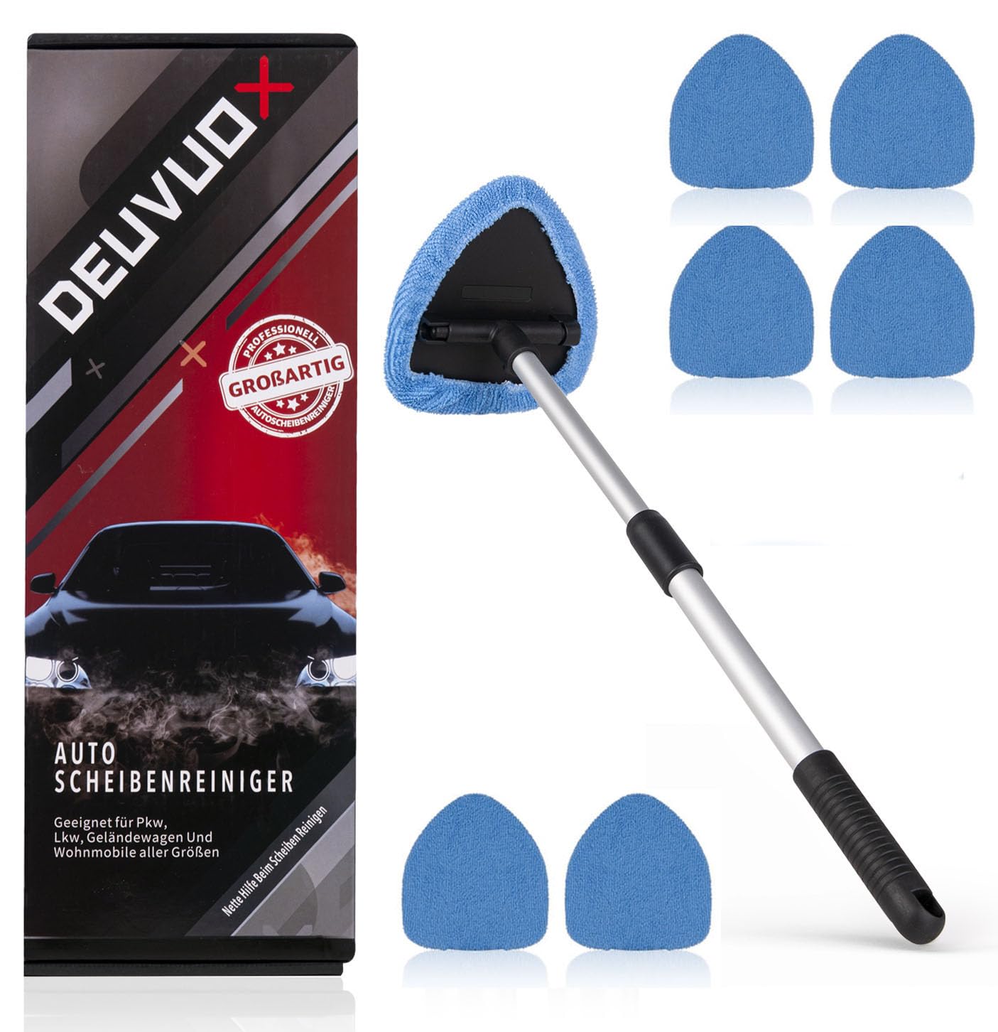 Upgraded Deuvuo Windshield Cleaning Tool - Expandable Car Window Cleaner with 6 Reusable Microfiber Pads & 2 Spray Bottles - Multifunctional Auto Interior Glass Cleaning Wand for Cars, Trucks & SUVs - Perfect for Home, Office & Road Trip Cleaning