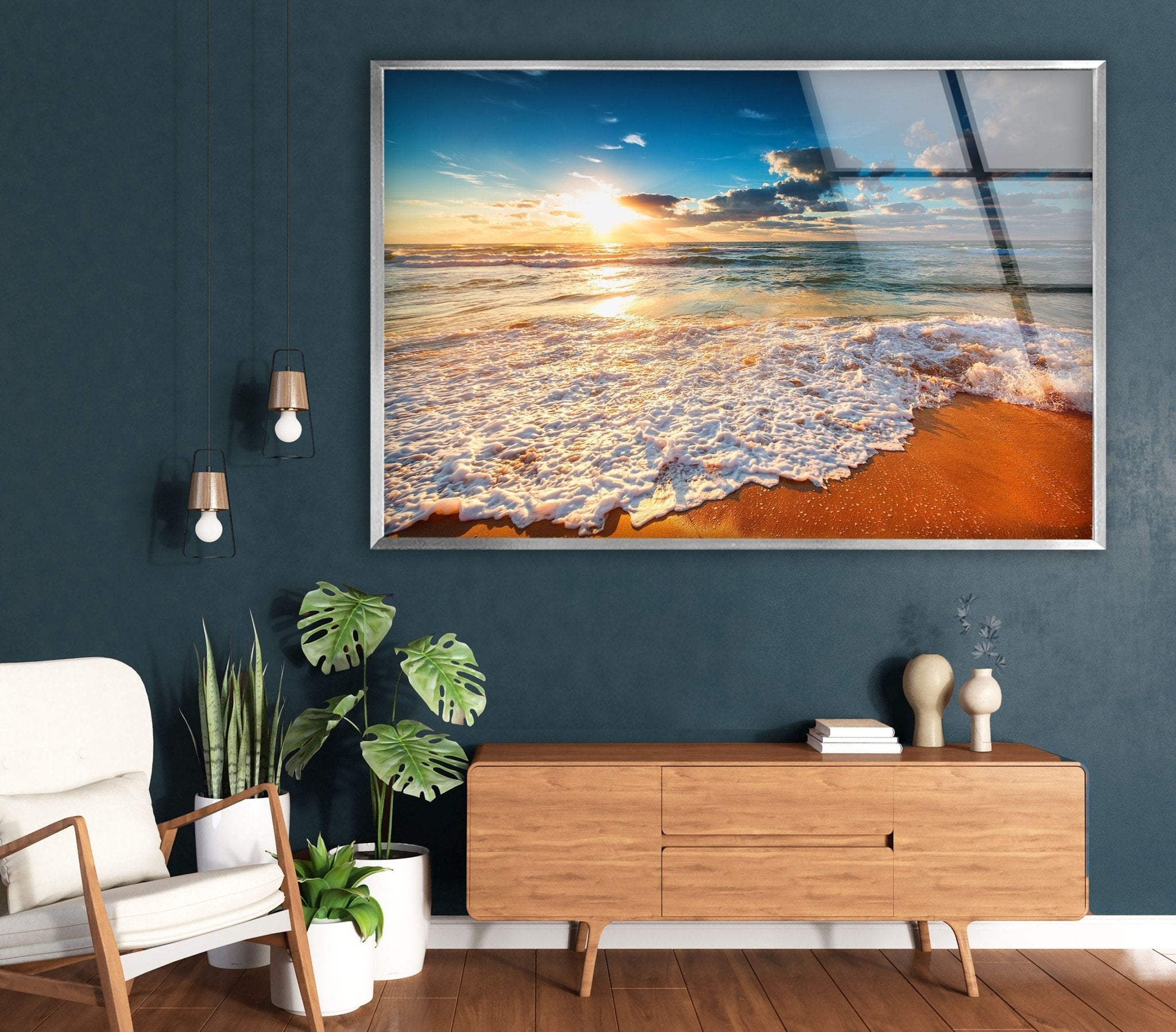 Beach Wave & Sunrise Glass Wall Art - Coastal Decor for Living Room, Bedroom, or Office - Stunning Ocean Sunset Mural for Home & Office Decor
