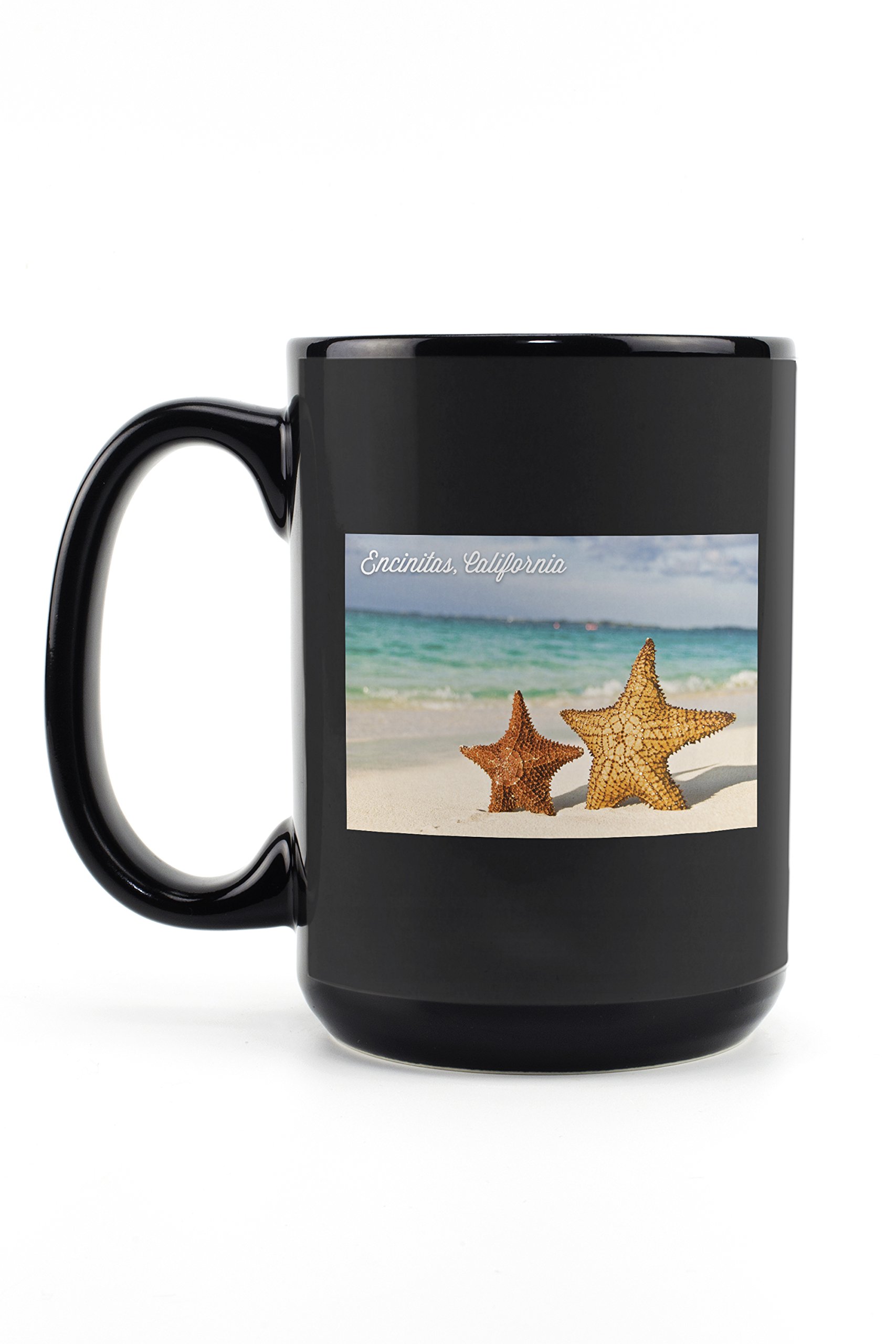 Lantern Press Encinitas California Starfish Beach 15oz Black Ceramic Coffee Mug - Microwave & Dishwasher Safe - Perfect for Home, Office & Gifts