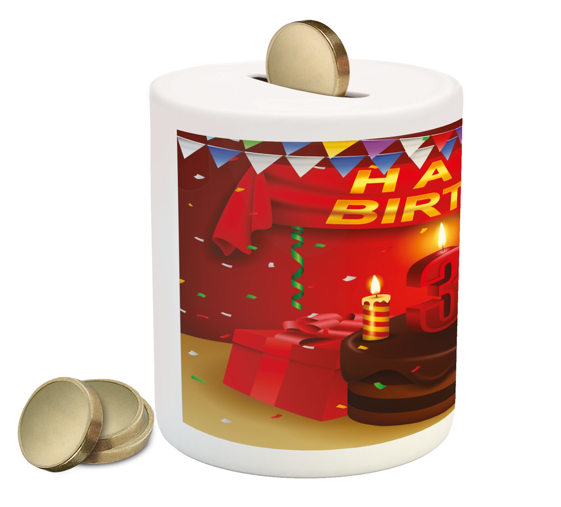 Ambesonne 30th Birthday Piggy Bank - Colorful Ceramic Money Box with Chocolate Cake Design for Cash Savings | Perfect Gift for 30th Birthday Celebrations, Parties & Milestone Savings