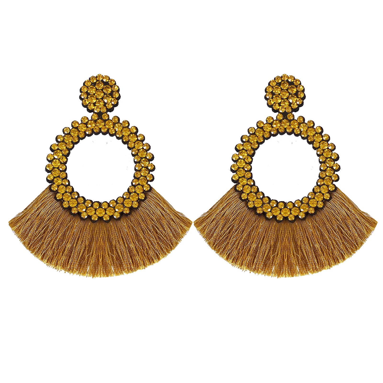 Boho Crystal Tassel Earrings for Women - Sparkly Scalloped Cotton Thread Statement Earrings 3.34